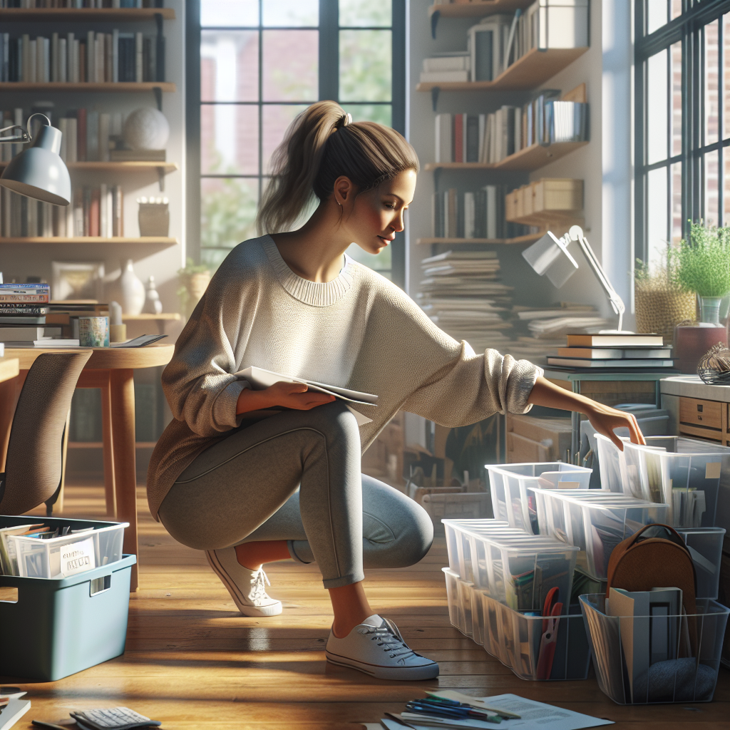 An average American woman, dressed casually in a comfortable outfit, enthusiastically decluttering and organizing her home office using smart organization tools like bins and labels, surrounded by neatly arranged bookshelves and a tidy desk, natural afternoon light streaming in through a window, creating an atmosphere of productivity and tranquility. A hyper-realistic, lifelike photograph, ultra-detailed, National Geographic quality, cinematic, 8K resolution, realistic colors, natural lighting, no fantasy, no digital art, no political or religious symbolism, average American family or person only, --ar 16:9.