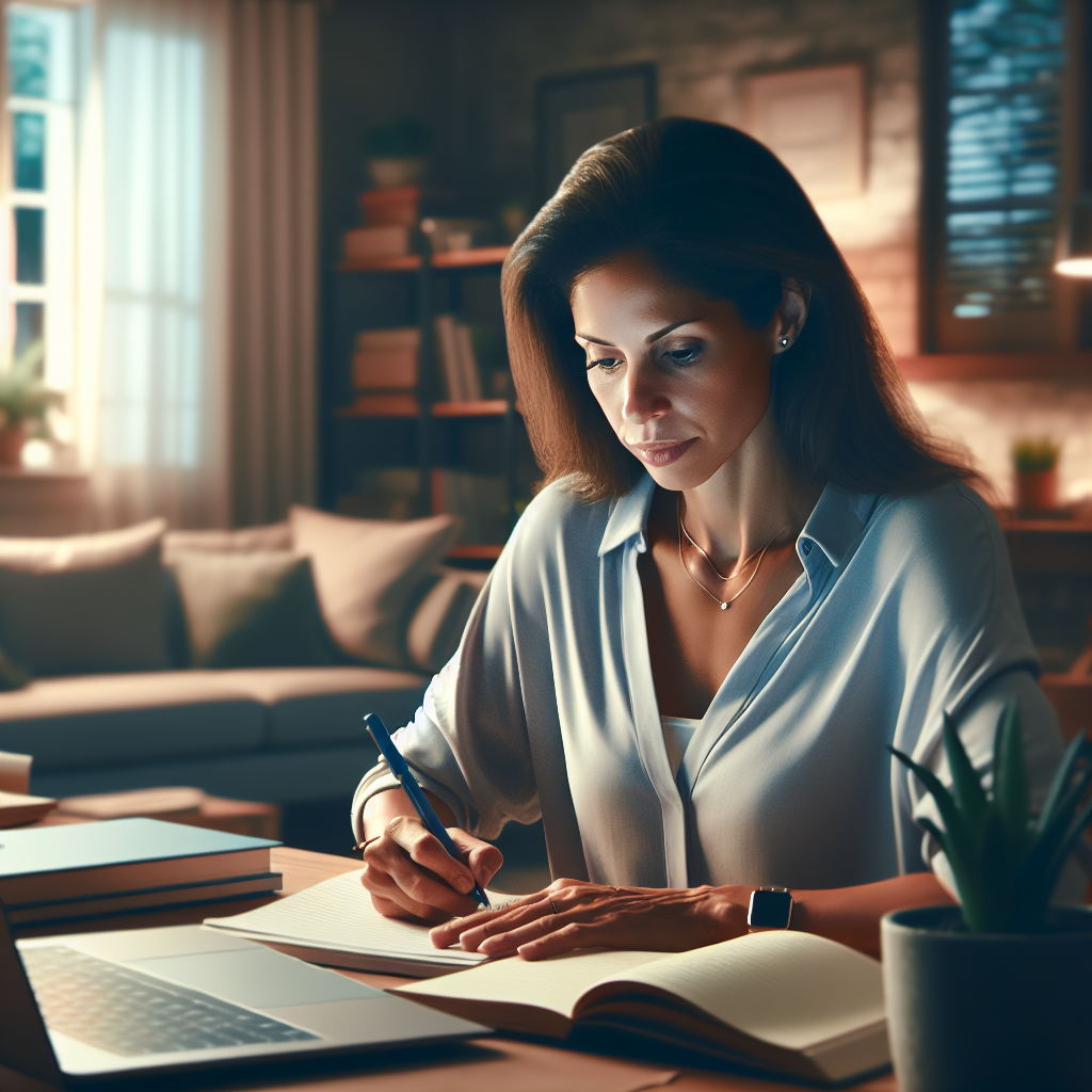 An average American woman in her mid-thirties, engaged and focused, sitting at a modern home office desk, researching various AI health solutions on her laptop while taking notes on a notepad, with a cozy living room in the background decorated with plants and books, Canon EOS R6, 35mm f/1.4, soft evening light coming through the window, creating a calm and productive atmosphere. A hyper-realistic, lifelike photograph, ultra-detailed, National Geographic quality, cinematic, 8K resolution, realistic colors, natural lighting, no fantasy, no digital art, no political or religious symbolism, average American family or person only, --ar 16:9.