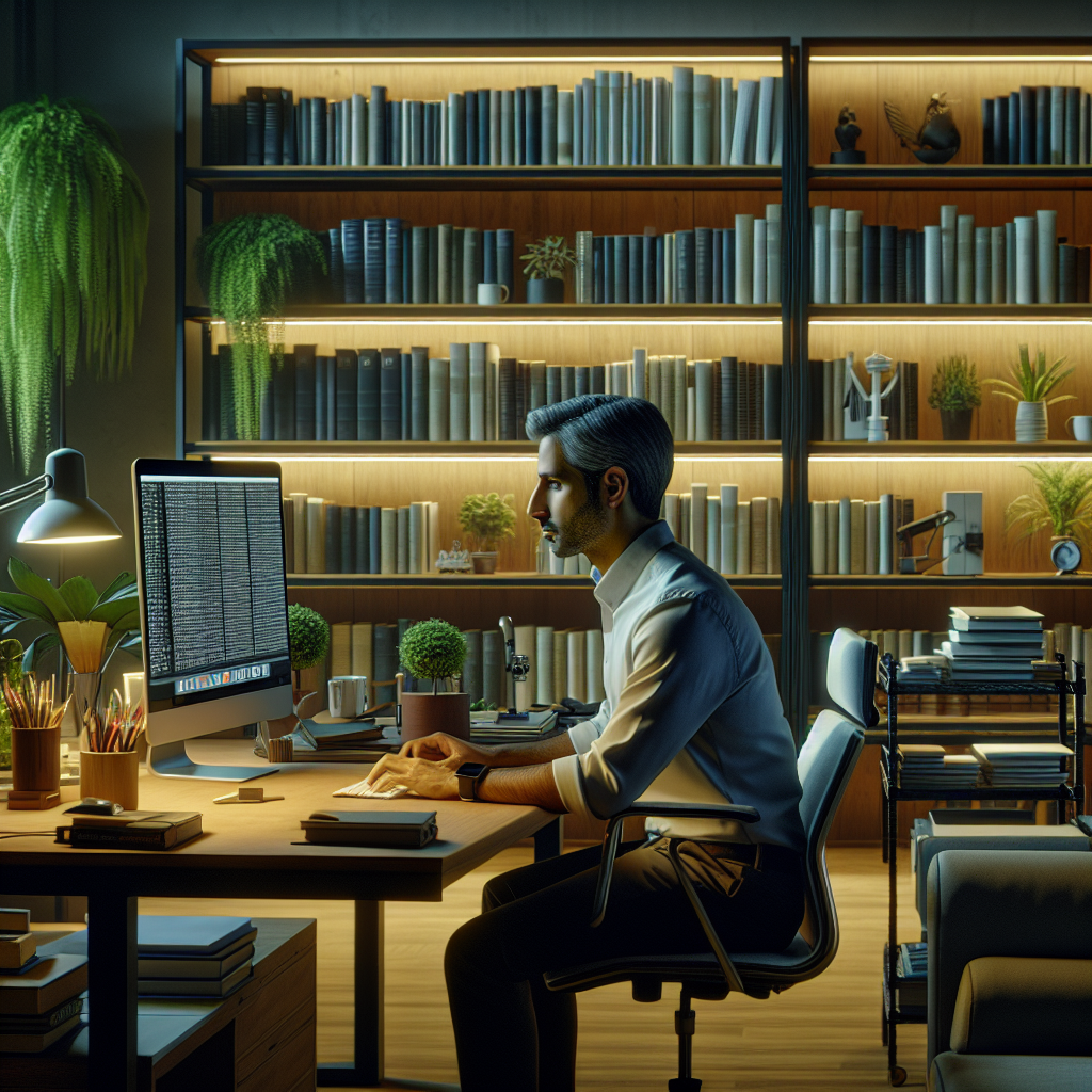 An average American office worker, sitting at a clean and organized desk, using a computer to manage digital files with an AI organizing software, modern office environment with shelves in the background holding books and plants, Canon R5, 35mm f/1.8, bright and focused lighting from a desk lamp, creating a productive and efficient atmosphere. A hyper-realistic, lifelike photograph, ultra-detailed, National Geographic quality, cinematic, 8K resolution, realistic colors, natural lighting, no fantasy, no digital art, no political or religious symbolism, average American family or person only, --ar 16:9.