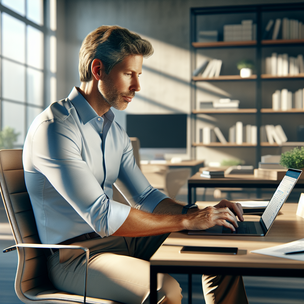An average American professional, dressed in business casual attire, focused on a laptop screen while using an AI organization app to streamline tasks and schedules, an organized home office setting with plants and inspirational quotes in the background, Canon R5, 35mm f/1.8, soft morning light coming through the window, creating a productive and motivating atmosphere. A hyper-realistic, lifelike photograph, ultra-detailed, National Geographic quality, cinematic, 8K resolution, realistic colors, natural lighting, no fantasy, no digital art, no political or religious symbolism, average American family or person only, --ar 16:9.