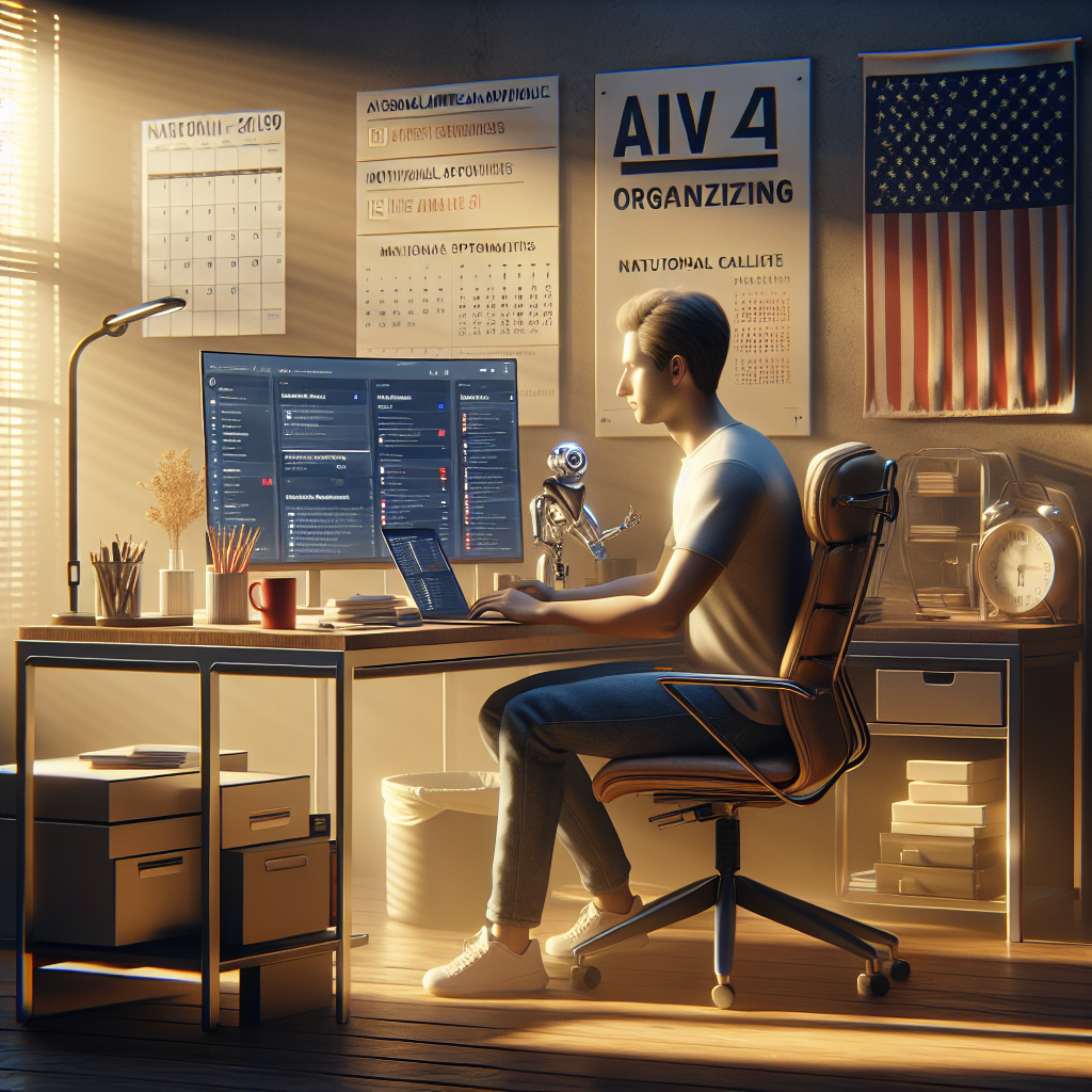 An average American professional in smart-casual attire, sitting at a tidy home office desk engaging with an AI organizational app on a laptop, surrounded by neatly arranged office supplies and a motivational poster on the wall, Canon R5, 35mm f/1.8, soft morning light coming through the window, creating a focused and productive atmosphere. A hyper-realistic, lifelike photograph, ultra-detailed, National Geographic quality, cinematic, 8K resolution, realistic colors, natural lighting, no fantasy, no digital art, no political or religious symbolism, average American family or person only, --ar 16:9.