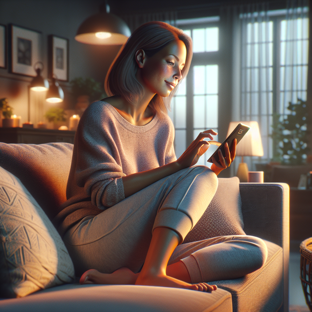 An average American person, comfortably dressed in casual attire, sitting on their couch using a smartphone to explore various mental health apps, a cozy living room with soft lighting and houseplants in the background, Canon R5, 35mm f/1.8, warm evening light creating a relaxing atmosphere, emphasizing a journey toward mental well-being. A hyper-realistic, lifelike photograph, ultra-detailed, National Geographic quality, cinematic, 8K resolution, realistic colors, natural lighting, no fantasy, no digital art, no political or religious symbolism, average American family or person only, --ar 16:9.