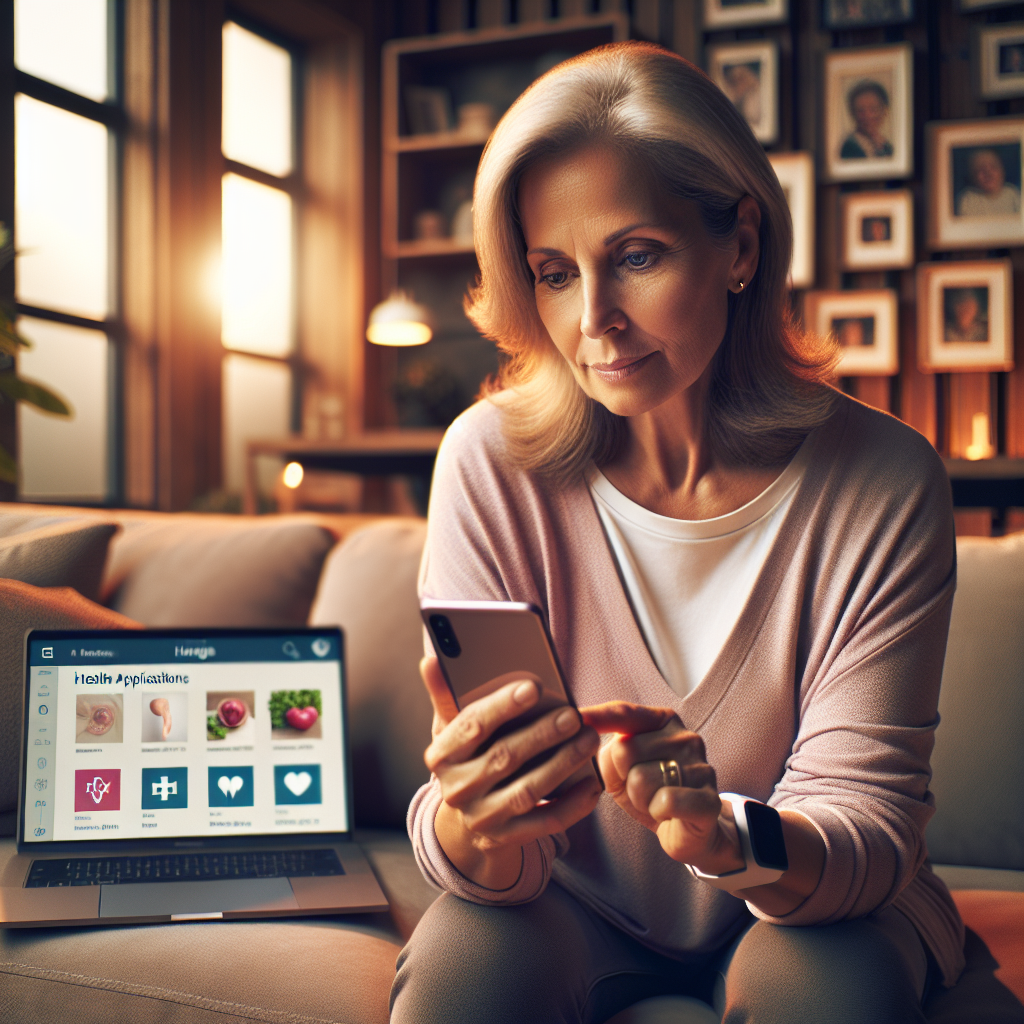 An average American person, using a smartphone to explore various health apps, sitting on a cozy couch at home with a laptop open beside them, warm living room atmosphere with family photographs on the walls, Canon R5, 35mm f/1.4, soft ambient light in the early evening, conveying a sense of curiosity and engagement with technology. A hyper-realistic, lifelike photograph, ultra-detailed, National Geographic quality, cinematic, 8K resolution, realistic colors, natural lighting, no fantasy, no digital art, no political or religious symbolism, average American family or person only, --ar 16:9.