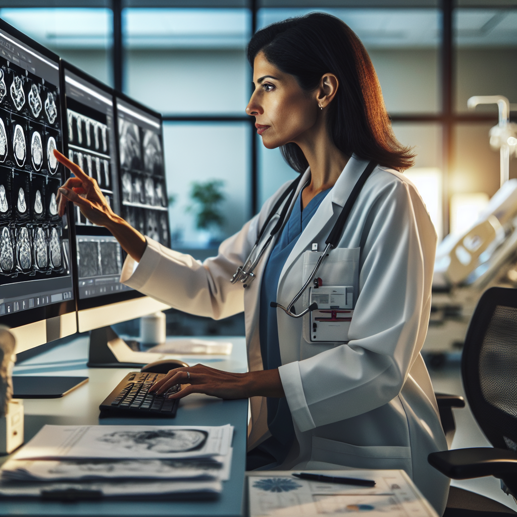 An average American doctor in a white coat, examining medical imaging results on a computer screen, in a modern hospital office filled with medical equipment and charts, Canon R5, 35mm f/1.8, soft afternoon light illuminating the workspace, highlighting a focused and innovative atmosphere. A hyper-realistic, lifelike photograph, ultra-detailed, National Geographic quality, cinematic, 8K resolution, realistic colors, natural lighting, no fantasy, no digital art, no political or religious symbolism, average American family or person only, --ar 16:9.