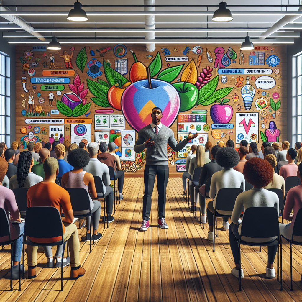 An average American community health organizer, engaged and enthusiastic, conducting a wellness workshop in a local community center, surrounded by participants listening attentively and taking notes, colorful posters about health and wellness on the walls, Canon R5, 35mm f/1.8, bright and inviting overhead lights, creating an uplifting and motivational atmosphere. A hyper-realistic, lifelike photograph, ultra-detailed, National Geographic quality, cinematic, 8K resolution, realistic colors, natural lighting, no fantasy, no digital art, no political or religious symbolism, average American family or person only, --ar 16:9.