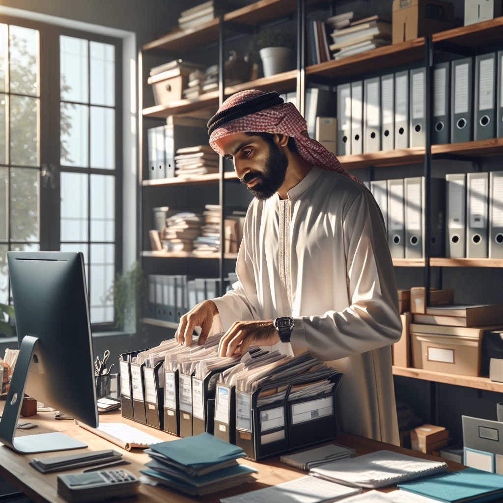 An average American person, sitting at a home office desk, organizing medical records into labeled folders while using a computer to back them up digitally, surrounded by shelves filled with books and office supplies, Canon R5, 35mm f/2, soft morning light coming through the window, creating a calm and focused atmosphere. A hyper-realistic, lifelike photograph, ultra-detailed, National Geographic quality, cinematic, 8K resolution, realistic colors, natural lighting, no fantasy, no digital art, no political or religious symbolism, average American family or person only, --ar 16:9.