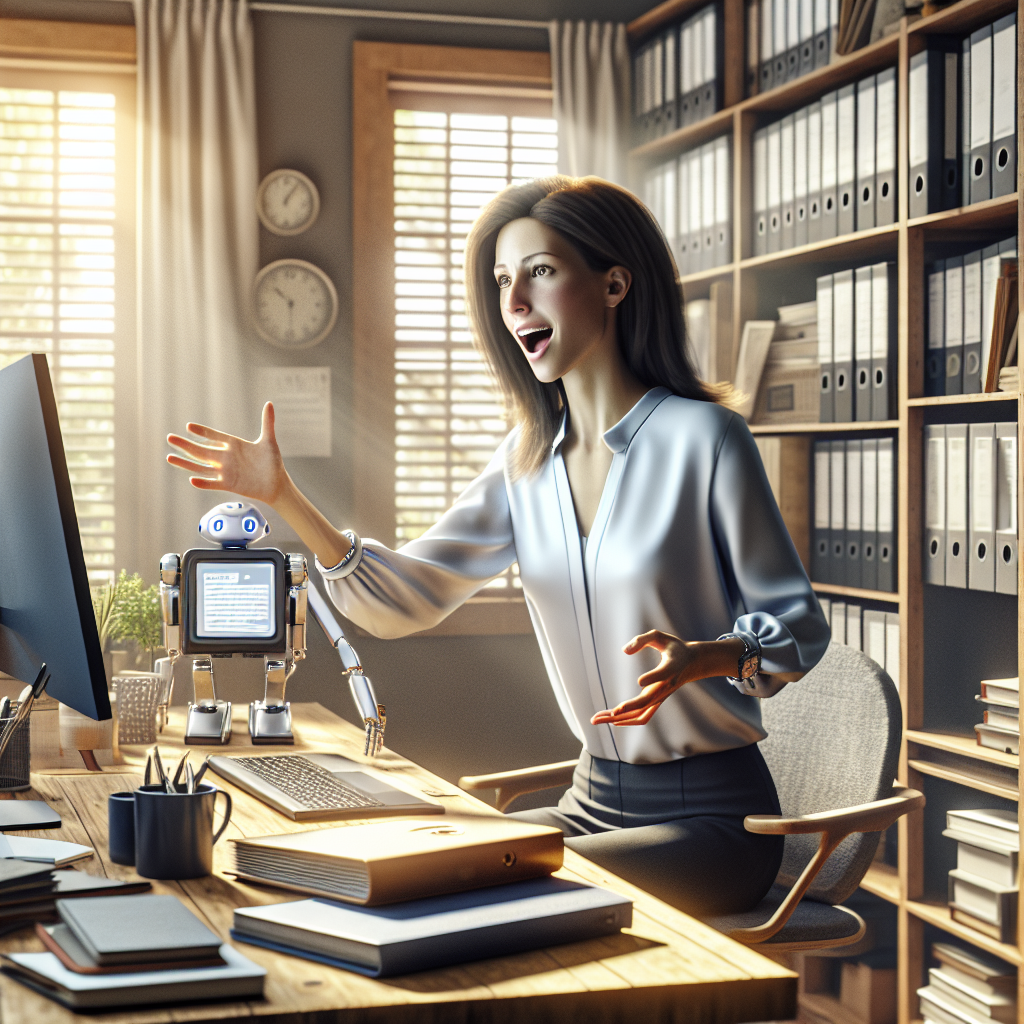 An average American professional, wearing business casual attire, sitting at a home office desk, enthusiastically demonstrating how to organize files using an AI file management tool on a laptop, a bookshelf filled with binders and office supplies in the background, Canon R5, 35mm f/1.4, soft morning light streaming through the window, creating an inspiring and productive atmosphere. A hyper-realistic, lifelike photograph, ultra-detailed, National Geographic quality, cinematic, 8K resolution, realistic colors, natural lighting, no fantasy, no digital art, no political or religious symbolism, average American family or person only, --ar 16:9.
