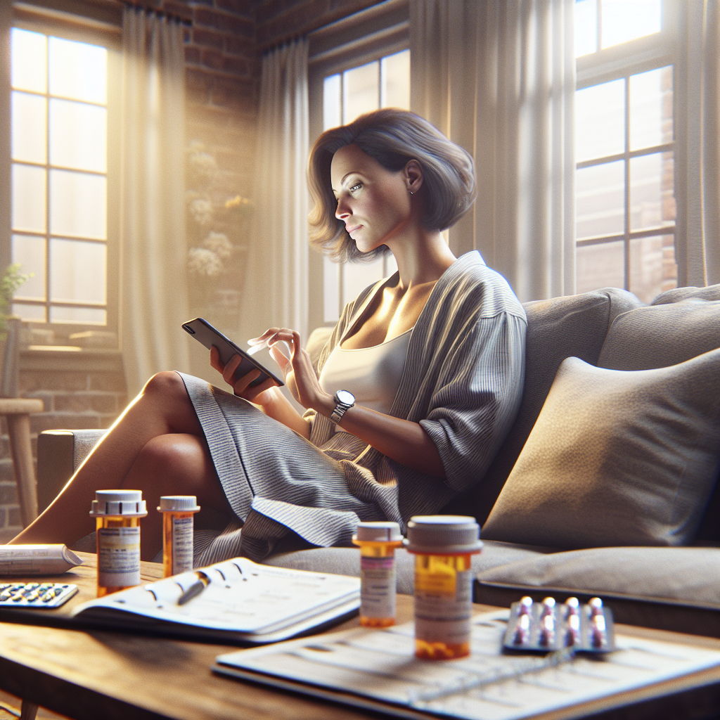 An average American woman in her 30s, sitting on her couch in a cozy living room, setting reminders on her smartphone to maintain her pill schedule, a coffee table with medication bottles and a planner in front of her, Canon EOS R, 35mm f/1.8, soft morning light streaming through the window, conveying a calm and organized atmosphere. A hyper-realistic, lifelike photograph, ultra-detailed, National Geographic quality, cinematic, 8K resolution, realistic colors, natural lighting, no fantasy, no digital art, no political or religious symbolism, average American family or person only, --ar 16:9.