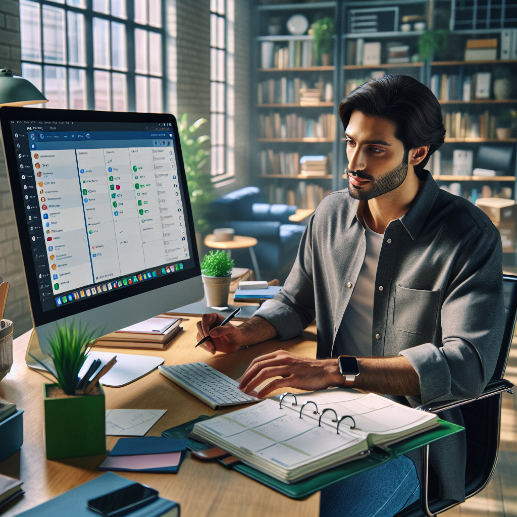 An average American office worker, casually dressed in a button-up shirt and jeans, sitting at a desk with a computer and planner, organizing tasks and schedules using an AI-based organizer app on the screen, the office background featuring bookshelves and a potted plant, Canon R5, 35mm f/1.8, natural afternoon light filtering through a window, creating a productive and focused atmosphere. A hyper-realistic, lifelike photograph, ultra-detailed, National Geographic quality, cinematic, 8K resolution, realistic colors, natural lighting, no fantasy, no digital art, no political or religious symbolism, average American family or person only, --ar 16:9.