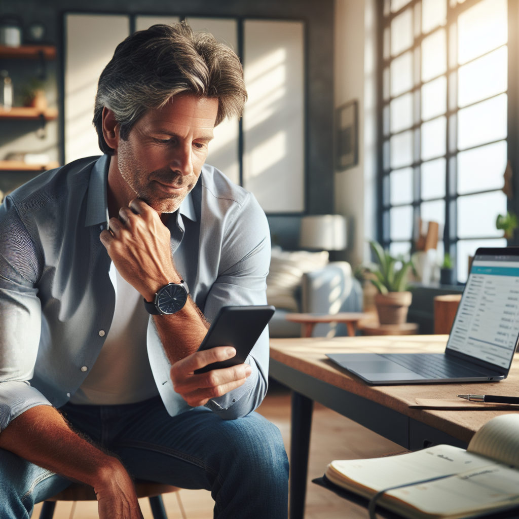 An average American professional, casually dressed in a button-up shirt and jeans, sitting at a desk using a smartphone to track daily tasks and achievements, a well-organized home office with a laptop and planner in the background, Canon R5, 35mm f/1.8, bright afternoon light streaming through a window, conveying a productive and focused atmosphere. A hyper-realistic, lifelike photograph, ultra-detailed, National Geographic quality, cinematic, 8K resolution, realistic colors, natural lighting, no fantasy, no digital art, no political or religious symbolism, average American family or person only, --ar 16:9.