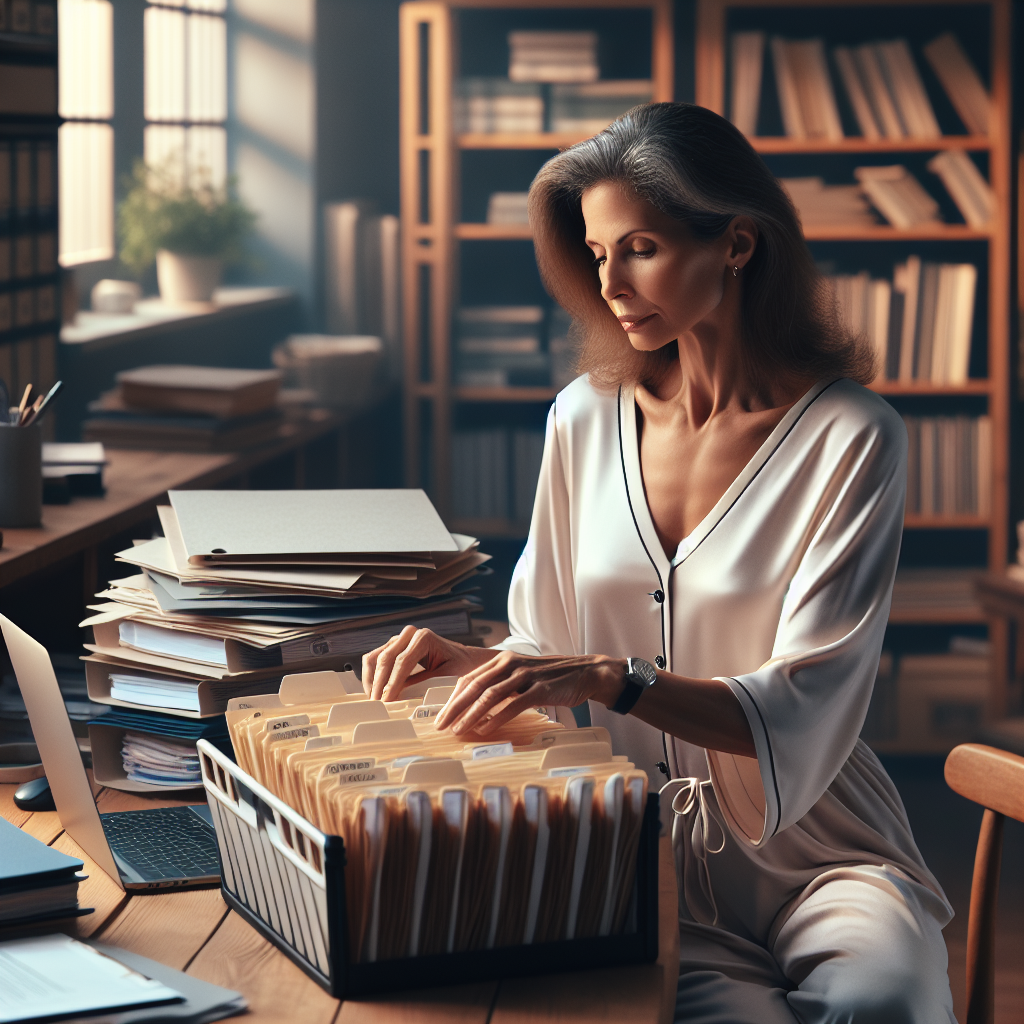 An average American mom in comfortable loungewear, sitting at a home office desk, carefully organizing medical records into labeled file folders while using a laptop to check for secure storage options, the room is filled with a cozy ambiance and bookshelves in the background, Canon R5, 35mm f/1.8, soft morning light filtering through the window, creating a focused and productive atmosphere. A hyper-realistic, lifelike photograph, ultra-detailed, National Geographic quality, cinematic, 8K resolution, realistic colors, natural lighting, no fantasy, no digital art, no political or religious symbolism, average American family or person only, --ar 16:9.