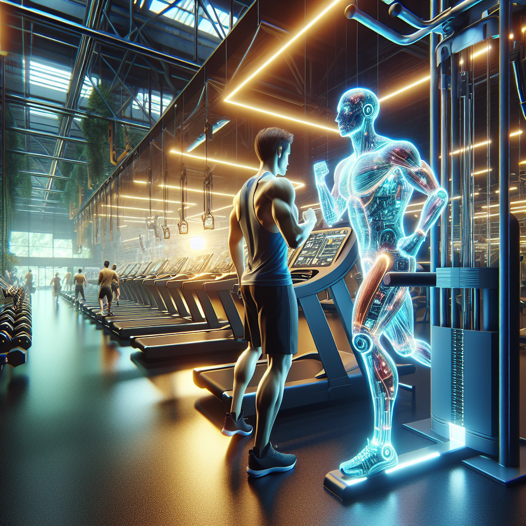 An average American person in athletic wear, actively engaged in a high-tech gym utilizing AI fitness equipment to analyze their workout performance, surrounded by modern gym facilities with sleek machines and motivational posters, Canon R5, 24mm f/1.4, bright LED lighting creating an energetic atmosphere, capturing the essence of innovation in fitness. A hyper-realistic, lifelike photograph, ultra-detailed, National Geographic quality, cinematic, 8K resolution, realistic colors, natural lighting, no fantasy, no digital art, no political or religious symbolism, average American family or person only, --ar 16:9.