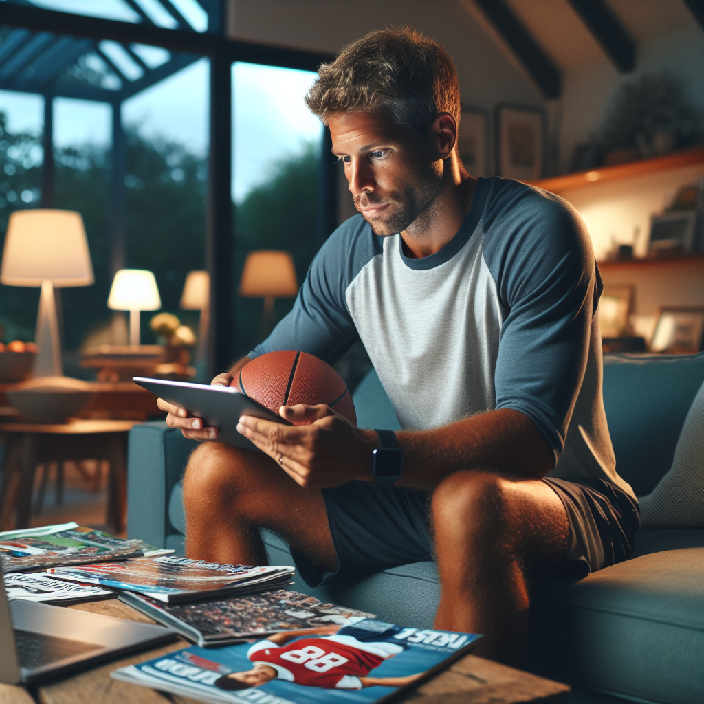 An average American sports enthusiast, casually dressed in a T-shirt and shorts, intently analyzing sports statistics on a tablet, sitting at a coffee table covered with sports magazines and a laptop in a cozy living room, soft indoor lighting in the early evening creating a focused atmosphere. A hyper-realistic, lifelike photograph, ultra-detailed, National Geographic quality, cinematic, 8K resolution, realistic colors, natural lighting, no fantasy, no digital art, no political or religious symbolism, average American family or person only, --ar 16:9.