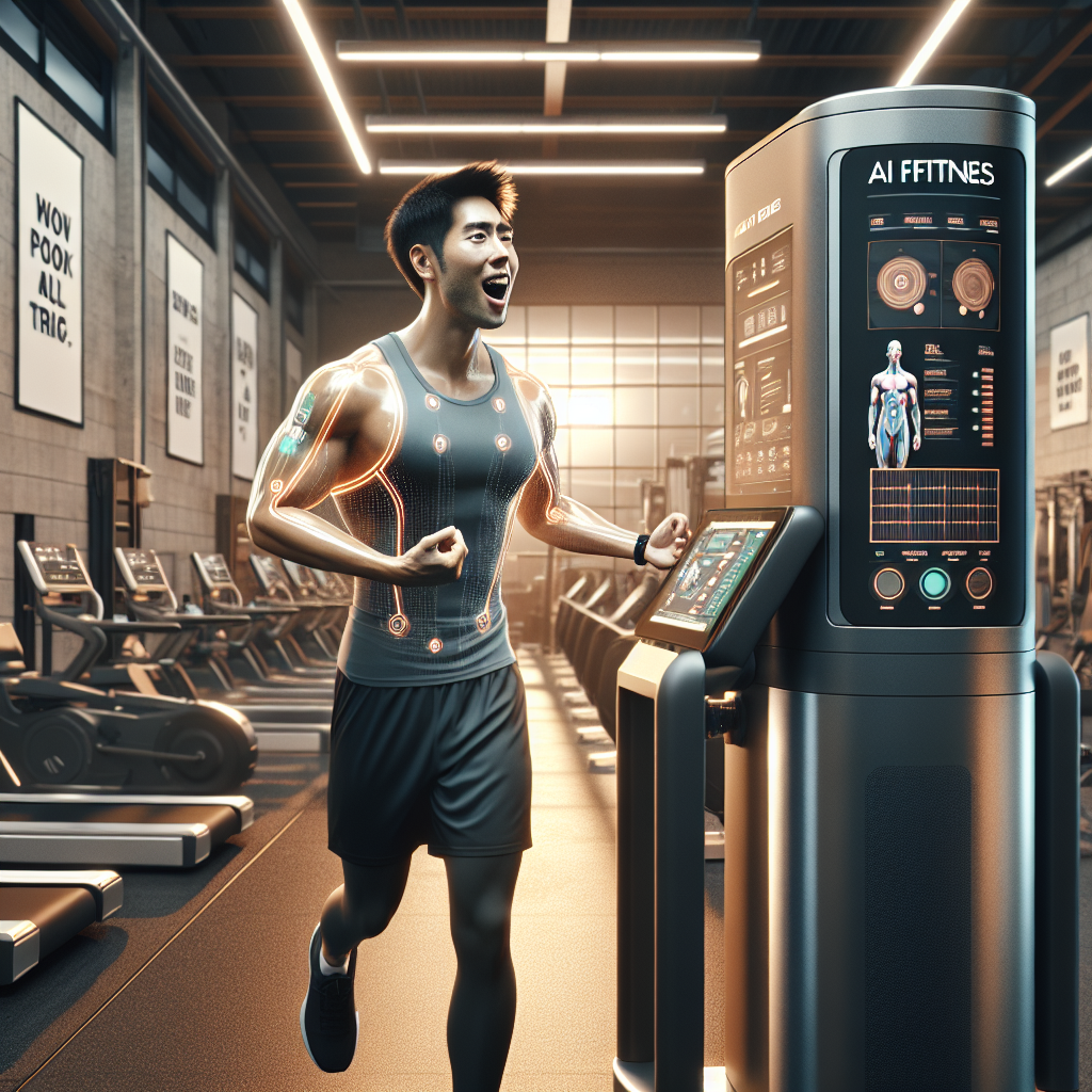 An average American gym-goer in workout attire, enthusiastically using a state-of-the-art AI fitness machine to track and optimize their workout routine, inside a modern, well-lit gym filled with exercise equipment, Canon R5, 35mm f/1.8, bright indoor lighting with motivational posters on the walls, conveying an energetic and inspiring atmosphere. A hyper-realistic, lifelike photograph, ultra-detailed, National Geographic quality, cinematic, 8K resolution, realistic colors, natural lighting, no fantasy, no digital art, no political or religious symbolism, average American family or person only, --ar 16:9.