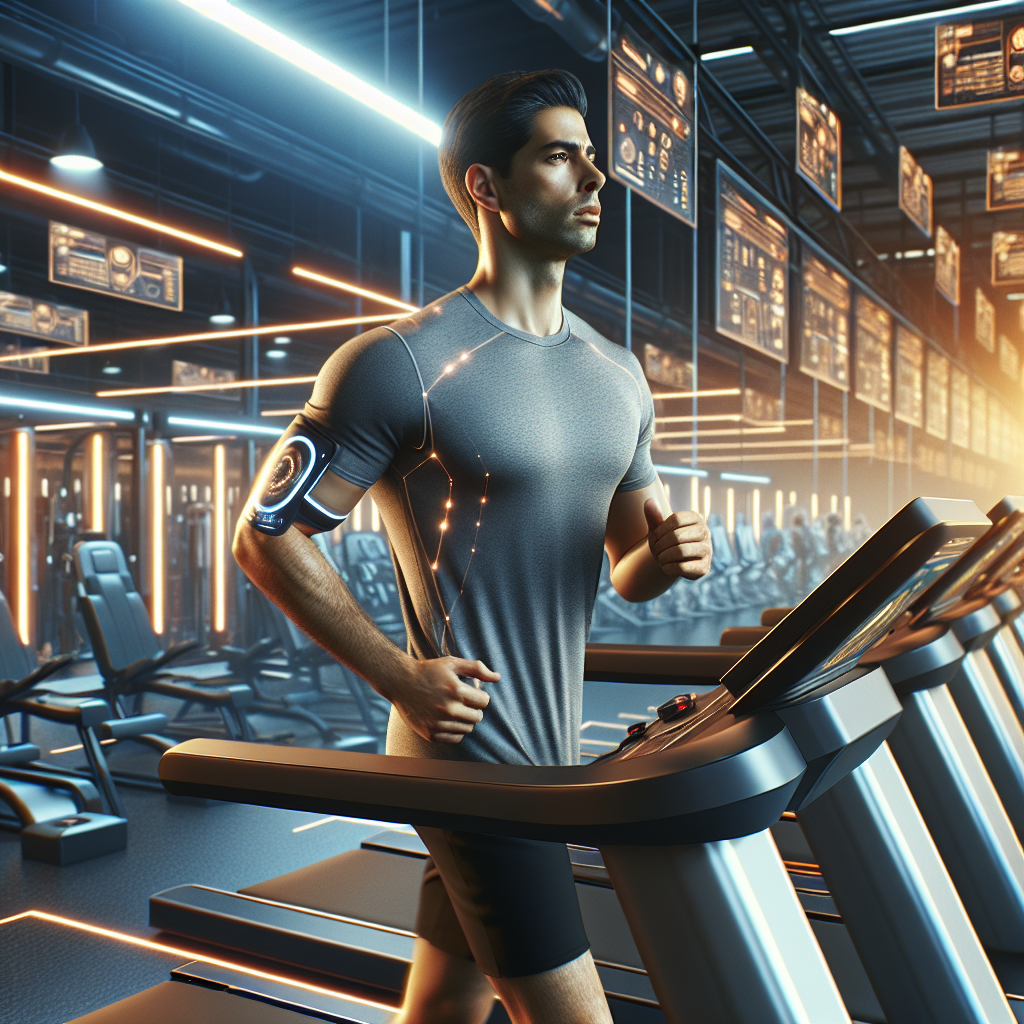 An average American man in workout clothes, engaged in a high-tech fitness routine using an AI-powered treadmill, the gym environment filled with modern exercise equipment and digital screens displaying workout stats, Canon R5, 24mm f/1.4, bright overhead gym lighting creating an energetic atmosphere, capturing a forward-looking scene of innovation in fitness. A hyper-realistic, lifelike photograph, ultra-detailed, National Geographic quality, cinematic, 8K resolution, realistic colors, natural lighting, no fantasy, no digital art, no political or religious symbolism, average American family or person only, --ar 16:9.