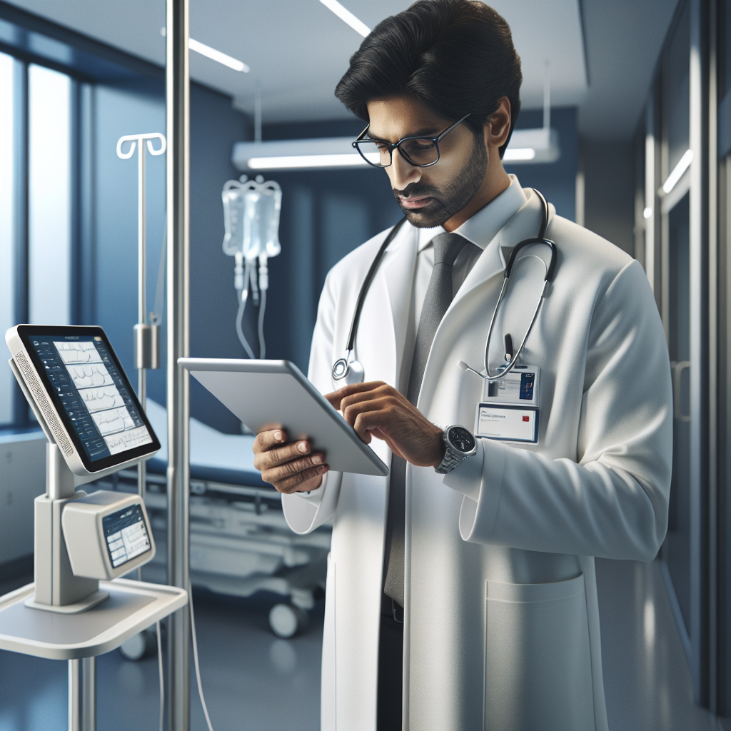 An average American doctor in a lab coat and glasses, reviewing patient data on a tablet while standing in a modern hospital room, bright and clean, with medical equipment in the background, Canon Z9, 24mm f/1.4, soft morning light coming through the window, capturing a focused and hopeful atmosphere about the future of healthcare. A hyper-realistic, lifelike photograph, ultra-detailed, National Geographic quality, cinematic, 8K resolution, realistic colors, natural lighting, no fantasy, no digital art, no political or religious symbolism, average American family or person only, --ar 16:9.
