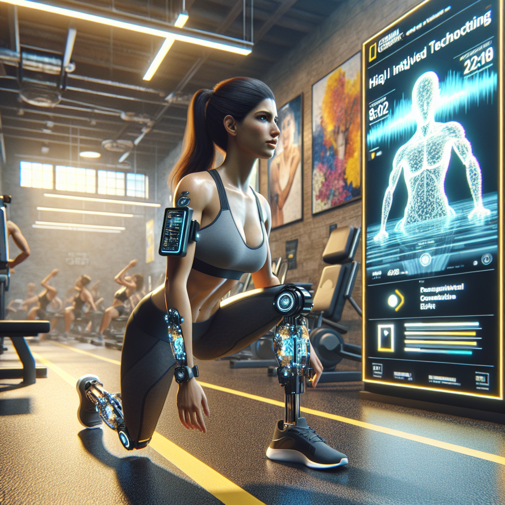 An average American gym-goer in athletic wear, engaging in a high-intensity workout using AI fitness equipment that provides real-time feedback, inside a modern gym filled with high-tech machines and motivational posters, Canon R5, 35mm f/1.4, soft artificial lighting creating an upbeat atmosphere, capturing the energetic and innovative spirit of fitness technology. A hyper-realistic, lifelike photograph, ultra-detailed, National Geographic quality, cinematic, 8K resolution, realistic colors, natural lighting, no fantasy, no digital art, no political or religious symbolism, average American family or person only, --ar 16:9.