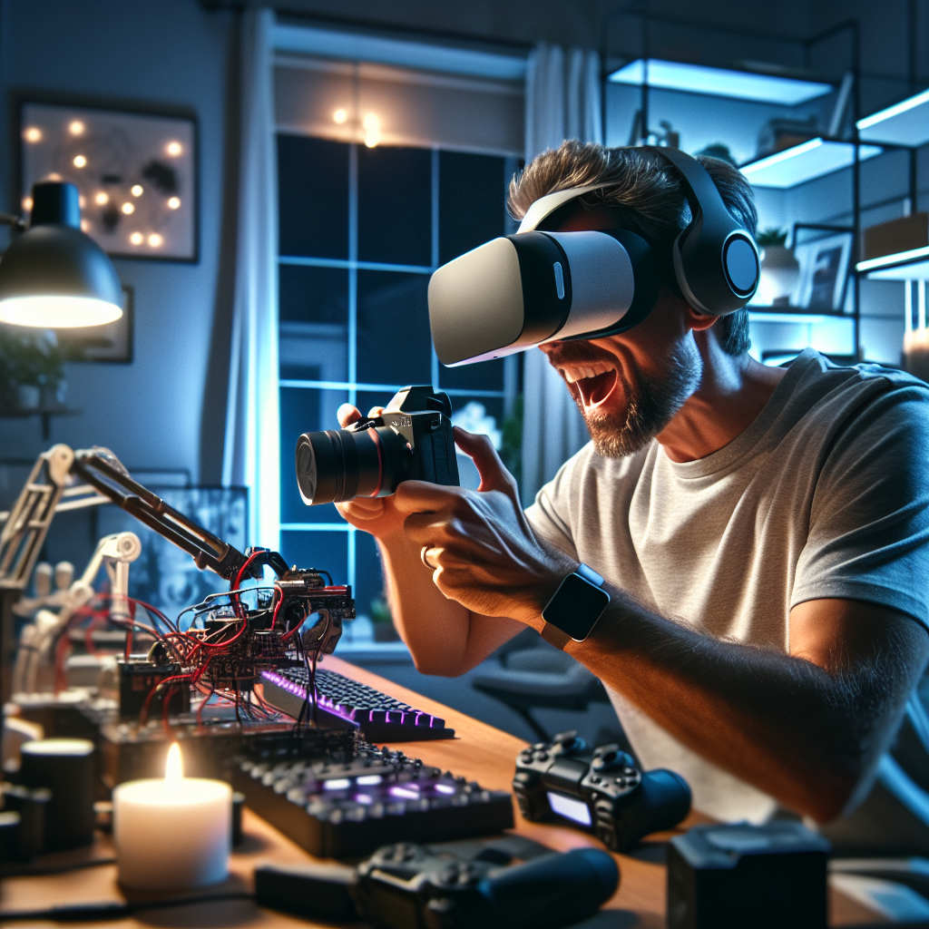 An average American tech enthusiast, engaged in a hands-on activity, experimenting with virtual reality gear in a modern home office filled with gadgets and tech accessories, soft LED lights illuminating the space in a calm evening atmosphere, Canon R5, 35mm f/2, capturing the excitement of exploring innovative technology. A hyper-realistic, lifelike photograph, ultra-detailed, National Geographic quality, cinematic, 8K resolution, realistic colors, natural lighting, no fantasy, no digital art, no political or religious symbolism, average American family or person only, --ar 16:9.
