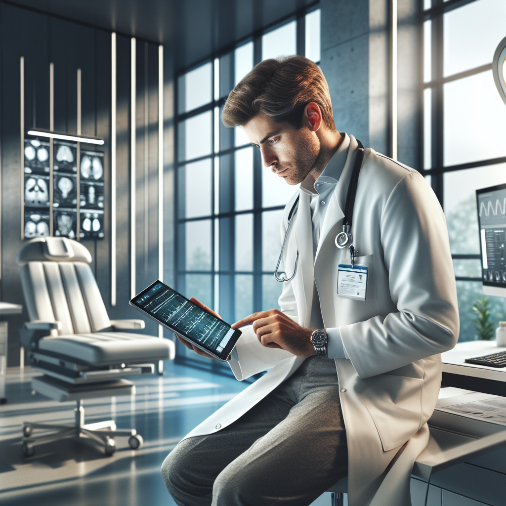 An average American doctor in a lab coat, examining a digital health report on a tablet, seated in a modern clinic with medical equipment and patient charts around, soft afternoon light filtering through large windows, creating a thoughtful and professional atmosphere. A hyper-realistic, lifelike photograph, ultra-detailed, National Geographic quality, cinematic, 8K resolution, realistic colors, natural lighting, no fantasy, no digital art, no political or religious symbolism, average American family or person only, --ar 16:9.