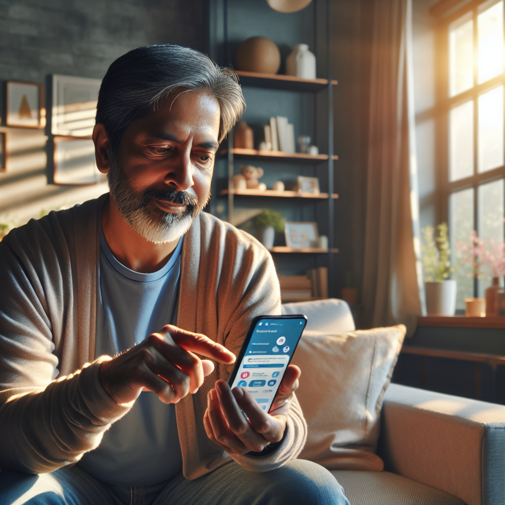 An average American person in their thirties, interacting with a smartphone while sitting on a cozy couch in a well-lit living room, exploring features of a cancer support app that offers resources and guidance for recovery, surrounded by comforting home decor and a bookshelf, Canon R5, 35mm f/1.8, bright afternoon light streaming through the window, creating an optimistic and hopeful atmosphere. A hyper-realistic, lifelike photograph, ultra-detailed, National Geographic quality, cinematic, 8K resolution, realistic colors, natural lighting, no fantasy, no digital art, no political or religious symbolism, average American family or person only, --ar 16:9.