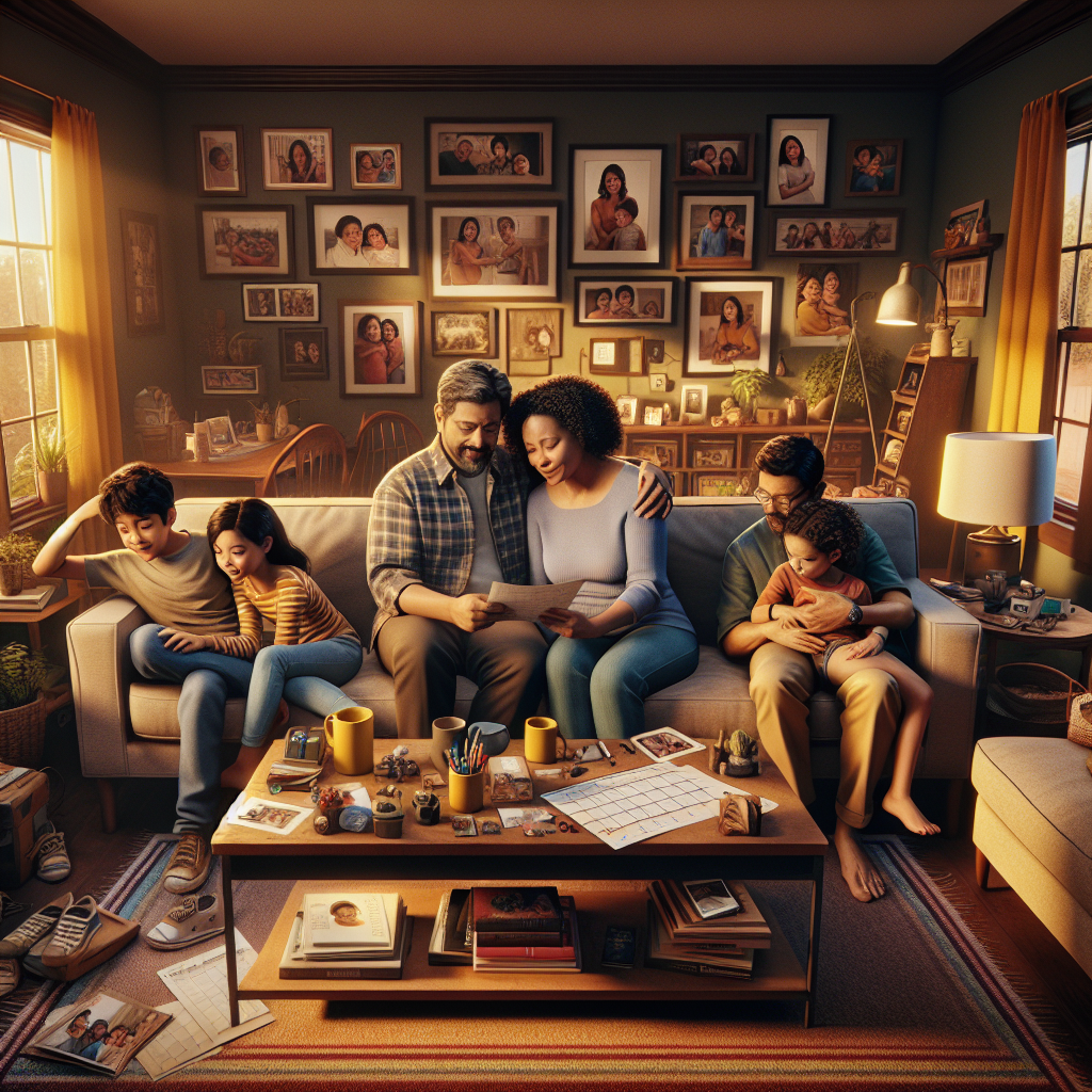 An average American family of four, parents and two children, gathered in a cozy living room organizing a family calendar and planning activities together, surrounded by family photos and household items, Canon R5, 35mm f/1.4, warm evening light from a nearby lamp creating a cozy ambiance, capturing a heartwarming scene of collaboration and connection. A hyper-realistic, lifelike photograph, ultra-detailed, National Geographic quality, cinematic, 8K resolution, realistic colors, natural lighting, no fantasy, no digital art, no political or religious symbolism, average American family or person only, --ar 16:9.