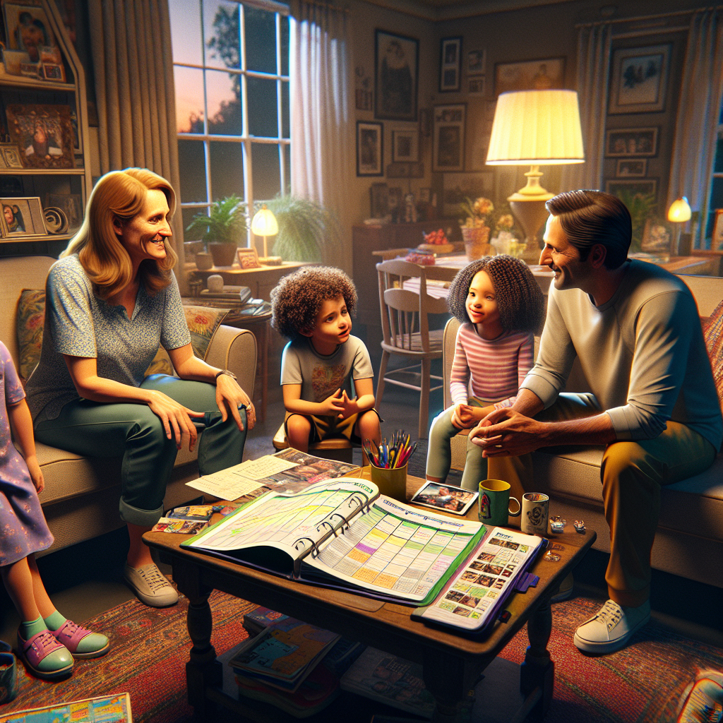 An average American family of four, gathering in their cozy living room, discussing plans and scheduling activities while using a family organizer on a coffee table, surrounded by family photos and toys, Canon R6, 35mm f/1.8, warm evening light from a lamp, creating a comfortable and engaging atmosphere. A hyper-realistic, lifelike photograph, ultra-detailed, National Geographic quality, cinematic, 8K resolution, realistic colors, natural lighting, no fantasy, no digital art, no political or religious symbolism, average American family or person only, --ar 16:9.