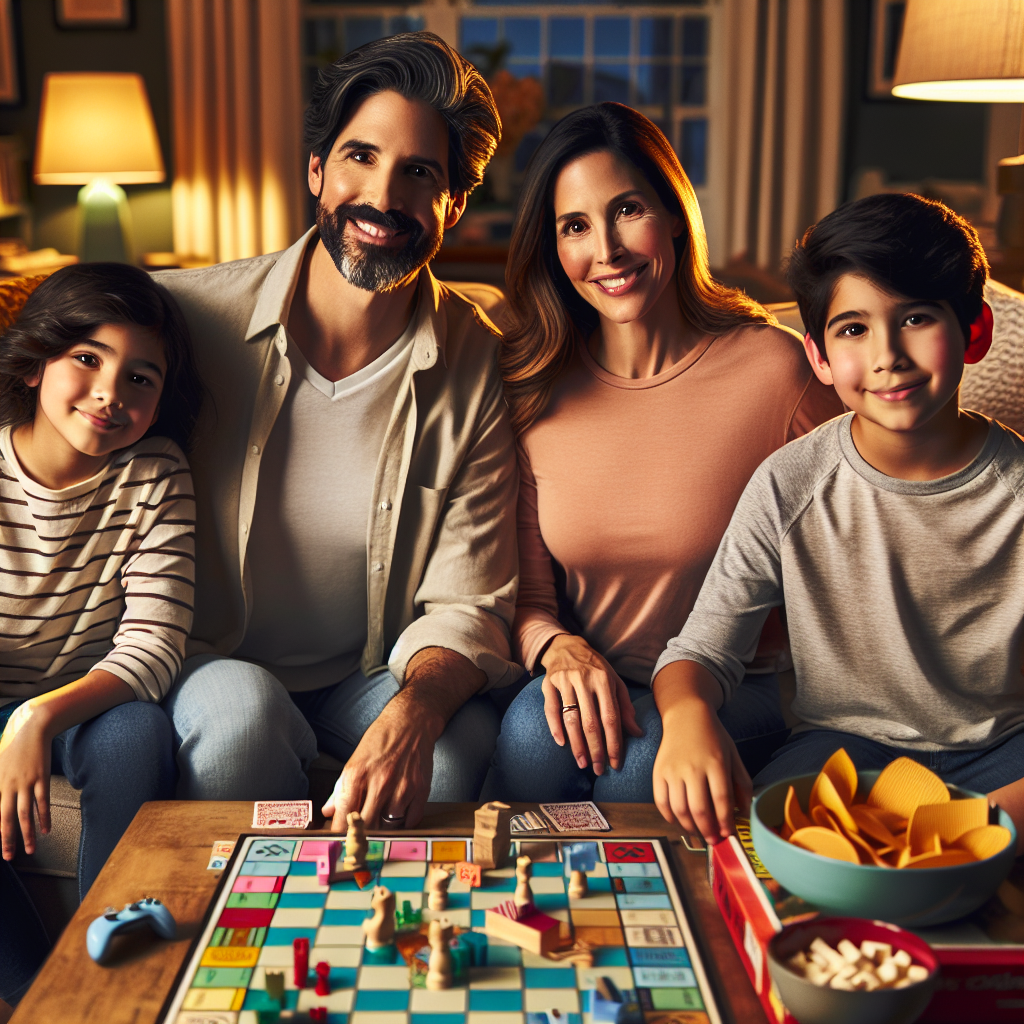 An average American family of four, dressed casually, sitting together in their cozy living room, engaging in a family game night around a coffee table filled with snacks and board games, the warm glow of a lamp illuminating their smiles, Canon EOS R6, 35mm f/1.8, soft indoor lighting, creating a joyful and lively atmosphere. A hyper-realistic, lifelike photograph, ultra-detailed, National Geographic quality, cinematic, 8K resolution, realistic colors, natural lighting, no fantasy, no digital art, no political or religious symbolism, average American family or person only, --ar 16:9.