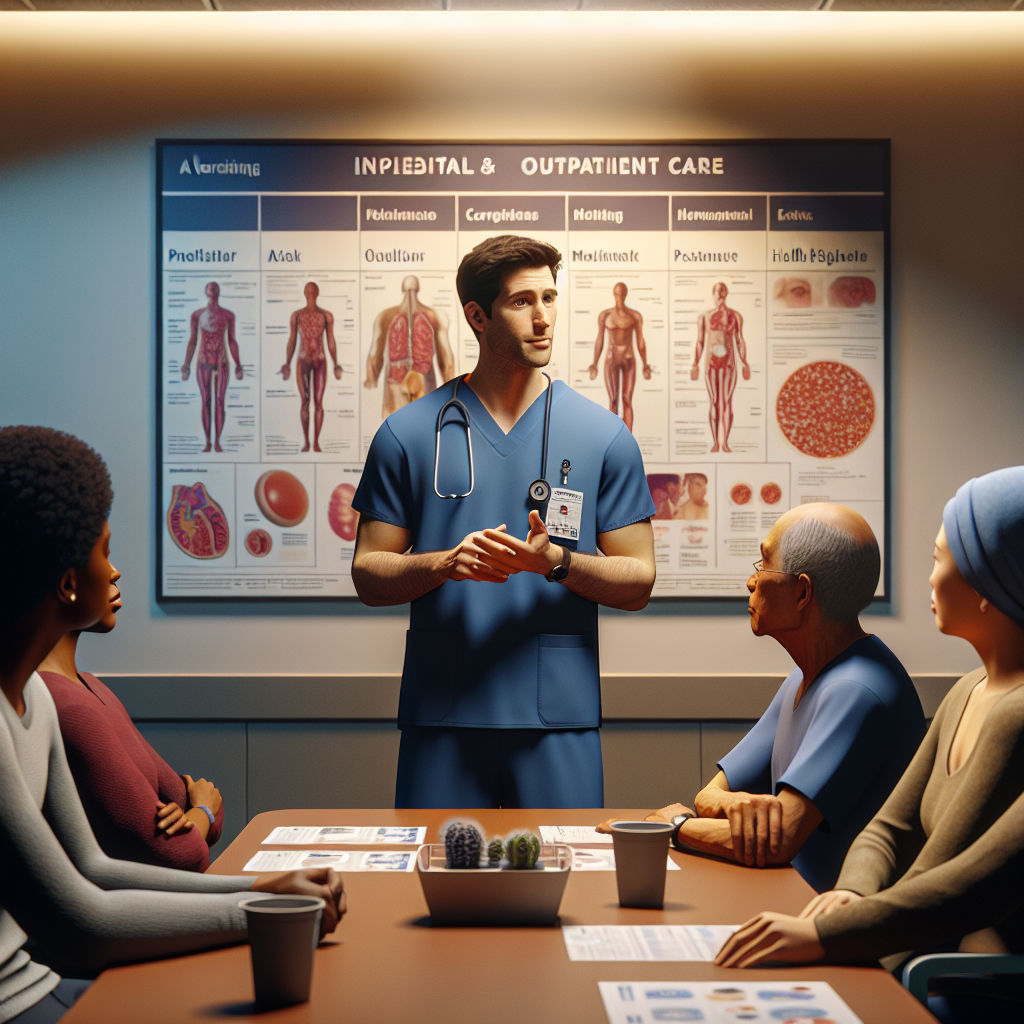 An average American healthcare professional in scrubs, explaining the differences between inpatient clinics and outpatient care to a small group of attentive patients sitting in a well-lit clinic conference room, with medical posters and health pamphlets on the walls, Canon EOS 5D Mark IV, 35mm f/2, soft indoor lighting creating a professional yet inviting atmosphere. A hyper-realistic, lifelike photograph, ultra-detailed, National Geographic quality, cinematic, 8K resolution, realistic colors, natural lighting, no fantasy, no digital art, no political or religious symbolism, average American family or person only, --ar 16:9.