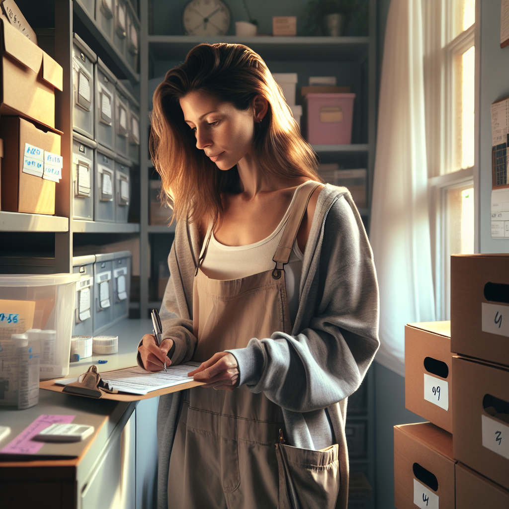 An average American mom in comfortable clothes, thoughtfully organizing medical records and supplies in a home office, surrounded by filing cabinets and labeled storage boxes, Canon R5, 35mm f/1.8, warm afternoon light filtering through a nearby window, creating a focused and productive atmosphere. A hyper-realistic, lifelike photograph, ultra-detailed, National Geographic quality, cinematic, 8K resolution, realistic colors, natural lighting, no fantasy, no digital art, no political or religious symbolism, average American family or person only, --ar 16:9.