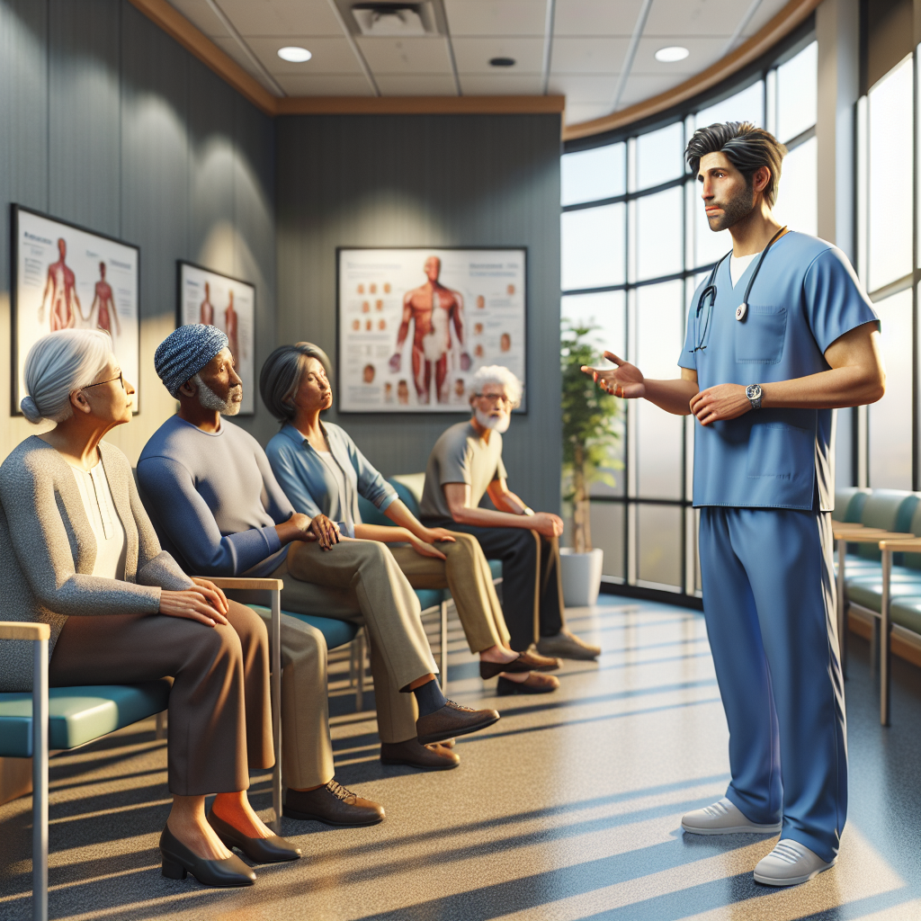 An average American healthcare provider, dressed in scrubs, explaining the differences between outpatient and inpatient care to a small group of patients in a bright, modern clinic waiting room, with informational posters on the walls and comfortable seating, Canon EOS 90D, 24mm f/2.8, soft morning light filtering through large windows, creating an informative yet welcoming atmosphere. A hyper-realistic, lifelike photograph, ultra-detailed, National Geographic quality, cinematic, 8K resolution, realistic colors, natural lighting, no fantasy, no digital art, no political or religious symbolism, average American family or person only, --ar 16:9.