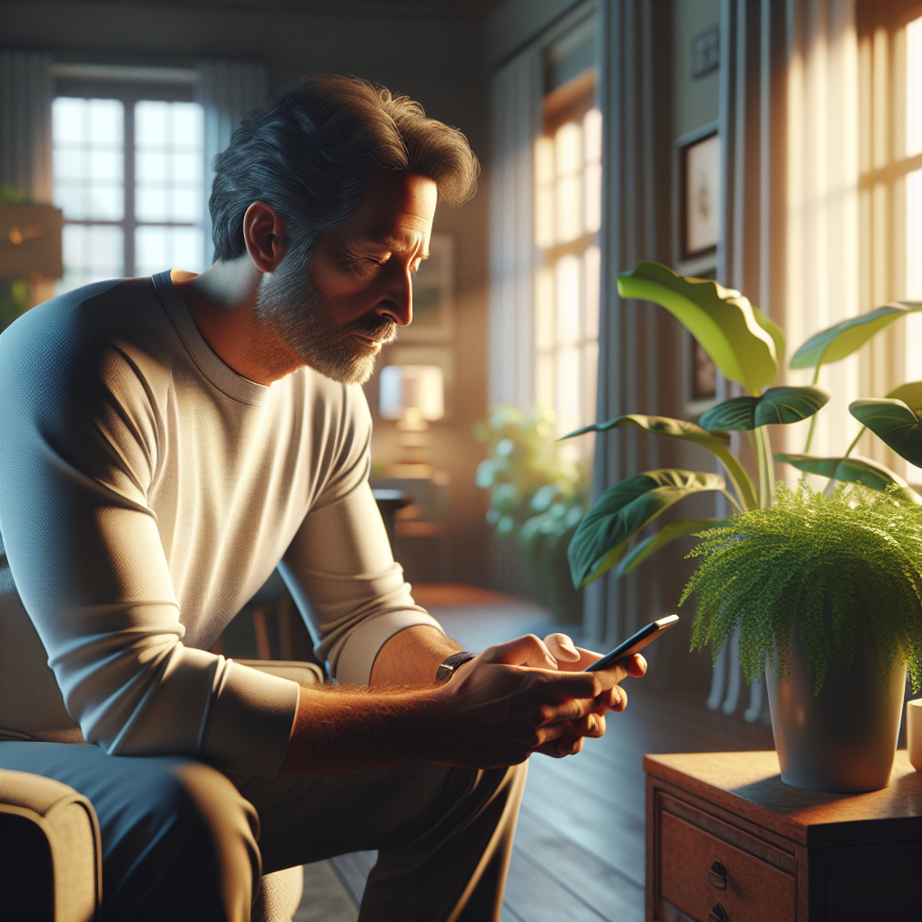 An average American individual, casually dressed, interacting with a smartphone displaying a health app, seated comfortably in their living room surrounded by cozy furniture and a houseplant, soft morning light streaming through the window, creating an inviting and informative atmosphere. A hyper-realistic, lifelike photograph, ultra-detailed, National Geographic quality, cinematic, 8K resolution, realistic colors, natural lighting, no fantasy, no digital art, no political or religious symbolism, average American family or person only, --ar 16:9.