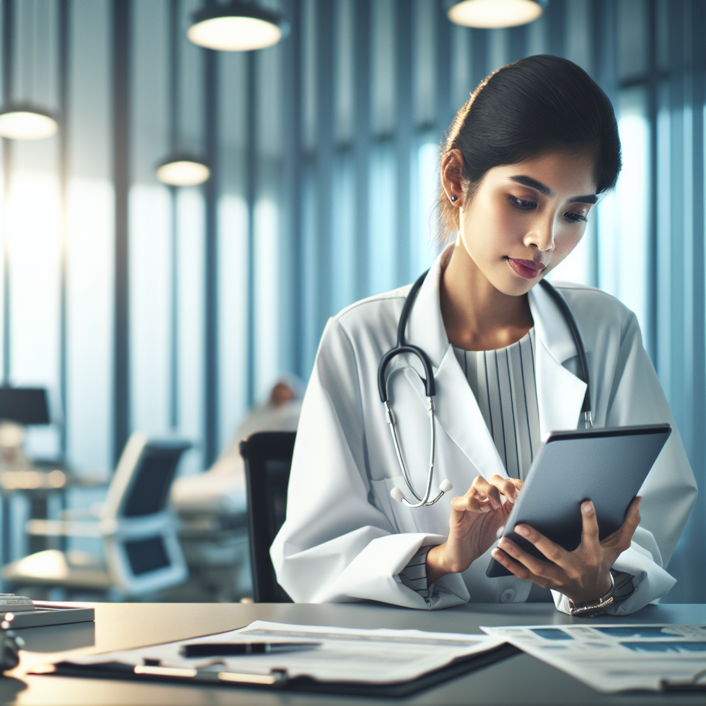 An average American doctor in a white coat, attentively analyzing patient data on a tablet while seated at a desk in a modern clinic, surrounded by medical charts and equipment, Canon R5, 35mm f/1.8, bright office lighting with a calm atmosphere, capturing the integration of technology in healthcare. A hyper-realistic, lifelike photograph, ultra-detailed, National Geographic quality, cinematic, 8K resolution, realistic colors, natural lighting, no fantasy, no digital art, no political or religious symbolism, average American family or person only, --ar 16:9.