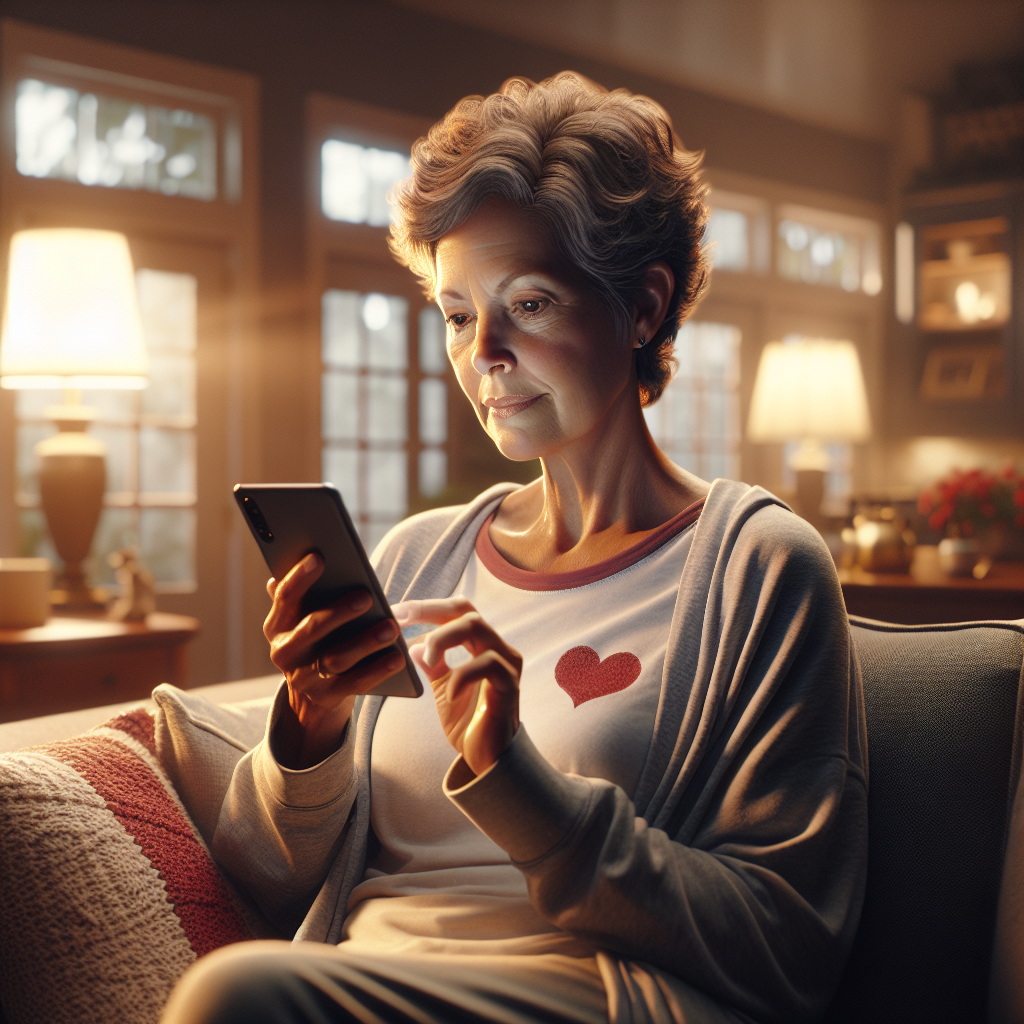 An average American woman in her 50s, wearing comfortable loungewear, sitting on her couch with a smartphone in hand, exploring various cancer support apps on her device, her living room filled with cozy furniture and soft lighting, Canon R5, 35mm f/1.4, warm evening light from a lamp creating an intimate atmosphere, evoking hope and determination. A hyper-realistic, lifelike photograph, ultra-detailed, National Geographic quality, cinematic, 8K resolution, realistic colors, natural lighting, no fantasy, no digital art, no political or religious symbolism, average American family or person only, --ar 16:9.