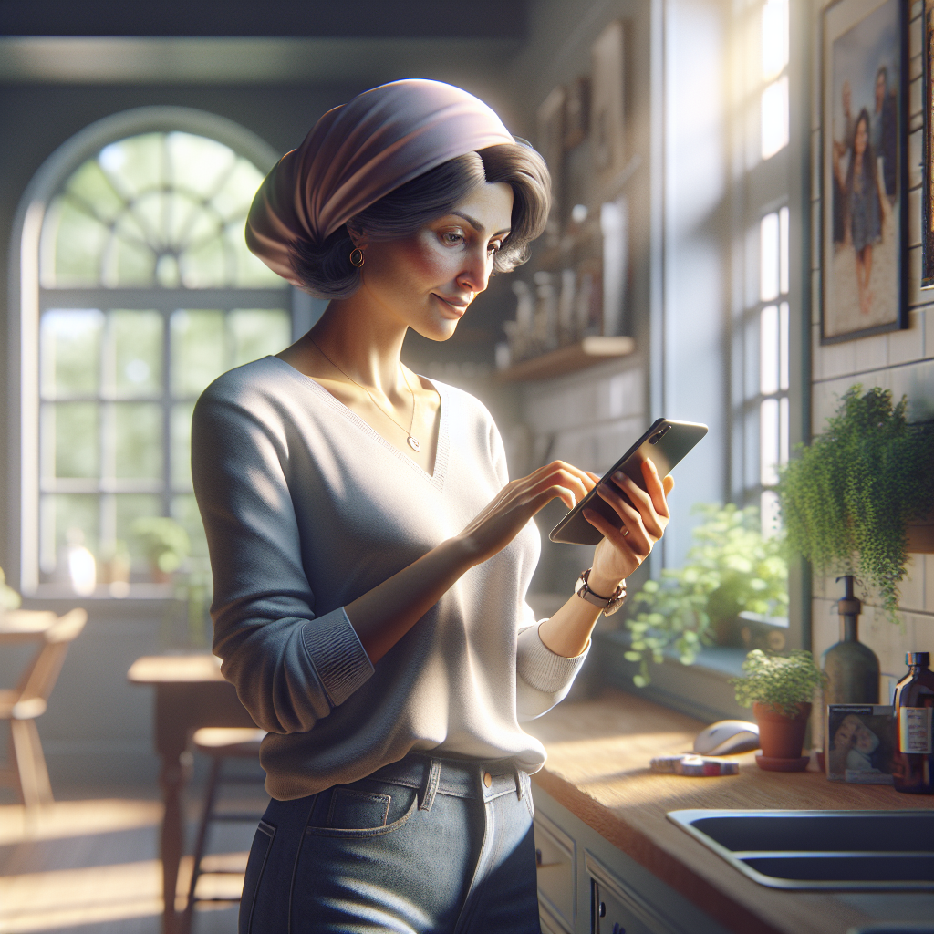 An average American woman in her 50s, casually dressed, holding a smartphone and researching cancer support apps at her kitchen counter, a cozy home setting with family photos and a plant in the background, Canon R5, 35mm f/1.8, soft morning light filtering through the window, creating a hopeful and informative atmosphere. A hyper-realistic, lifelike photograph, ultra-detailed, National Geographic quality, cinematic, 8K resolution, realistic colors, natural lighting, no fantasy, no digital art, no political or religious symbolism, average American family or person only, --ar 16:9.