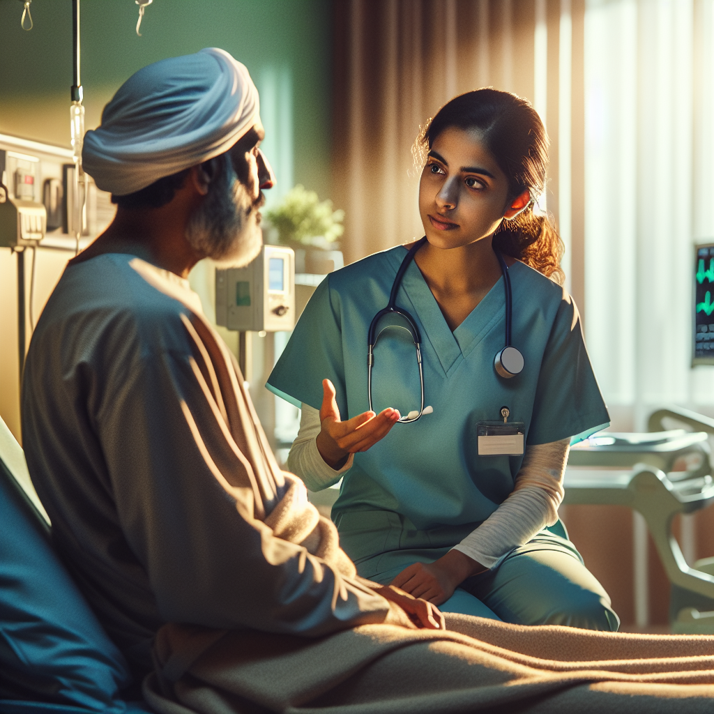 An average American nurse in scrubs, attentively discussing medical care with a patient in a cozy hospital room, surrounded by medical equipment and soft lighting, creating a comforting environment, Nikon Z9, 35mm f/1.8, warm indoor light contributing to a supportive atmosphere. A hyper-realistic, lifelike photograph, ultra-detailed, National Geographic quality, cinematic, 8K resolution, realistic colors, natural lighting, no fantasy, no digital art, no political or religious symbolism, average American family or person only, --ar 16:9.
