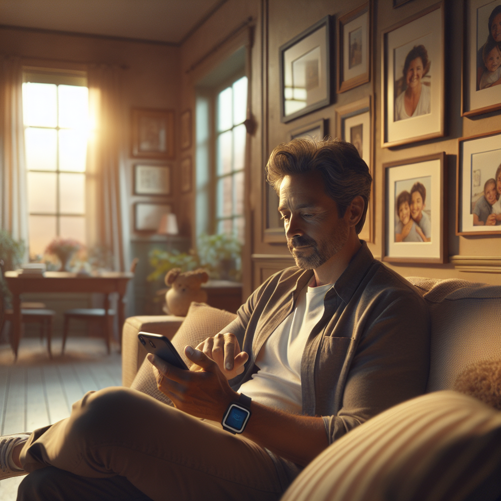 An average American person in casual attire, holding a smartphone while sitting on a couch, effortlessly navigating a medical app to send health records, a cozy living room setting with family photos and soft lighting in the background, Canon R5, 35mm f/1.8, warm evening light streaming through the window, creating a relaxed and approachable atmosphere. A hyper-realistic, lifelike photograph, ultra-detailed, National Geographic quality, cinematic, 8K resolution, realistic colors, natural lighting, no fantasy, no digital art, no political or religious symbolism, average American family or person only, --ar 16:9.