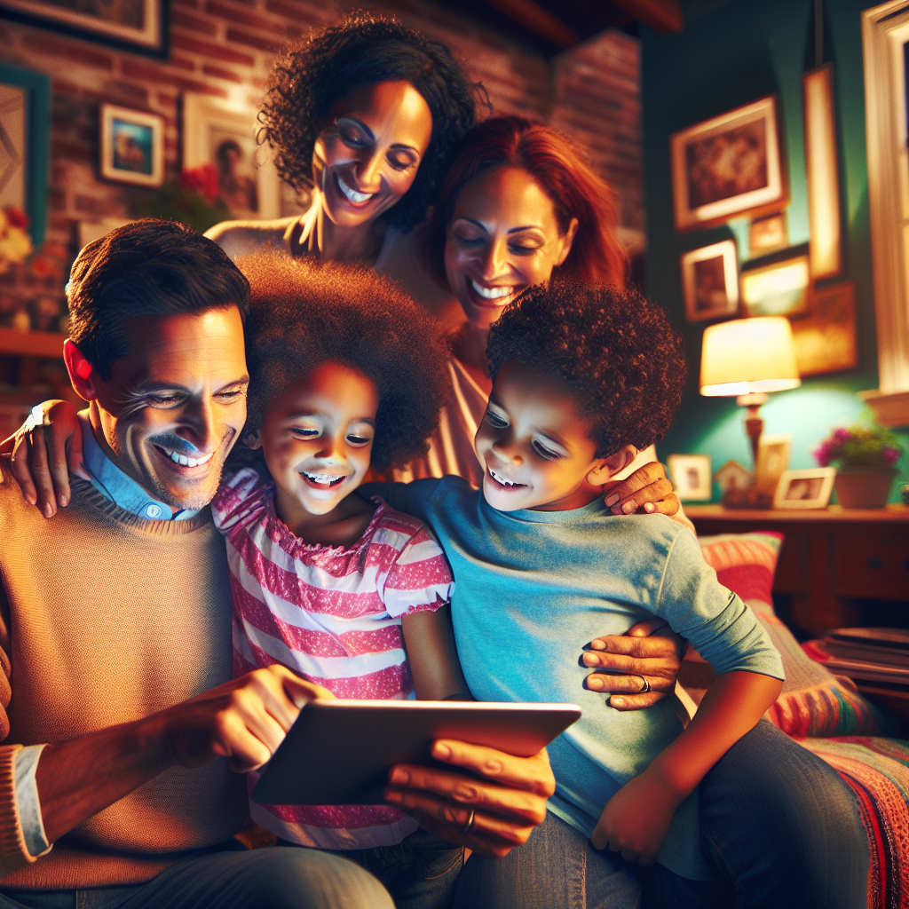 An average American family of four, happily browsing through a community event app on a tablet, sitting together in their cozy living room with colorful decorations and family photos on the walls, Canon R5, 35mm f/1.8, warm evening light from a nearby lamp, creating an inviting, engaging atmosphere filled with excitement for local events. A hyper-realistic, lifelike photograph, ultra-detailed, National Geographic quality, cinematic, 8K resolution, realistic colors, natural lighting, no fantasy, no digital art, no political or religious symbolism, average American family or person only, --ar 16:9.
