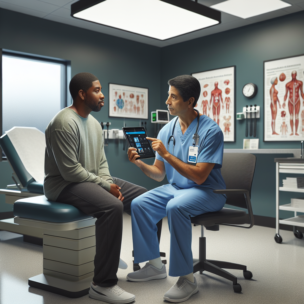 An average American healthcare provider, dressed in scrubs, demonstrating a comprehensive patient medical app on a tablet to a patient in a well-lit consultation room, with medical charts and equipment in the background, Canon R5, 35mm f/1.8, bright and inviting light from overhead, creating a professional and reassuring atmosphere. A hyper-realistic, lifelike photograph, ultra-detailed, National Geographic quality, cinematic, 8K resolution, realistic colors, natural lighting, no fantasy, no digital art, no political or religious symbolism, average American family or person only, --ar 16:9.
