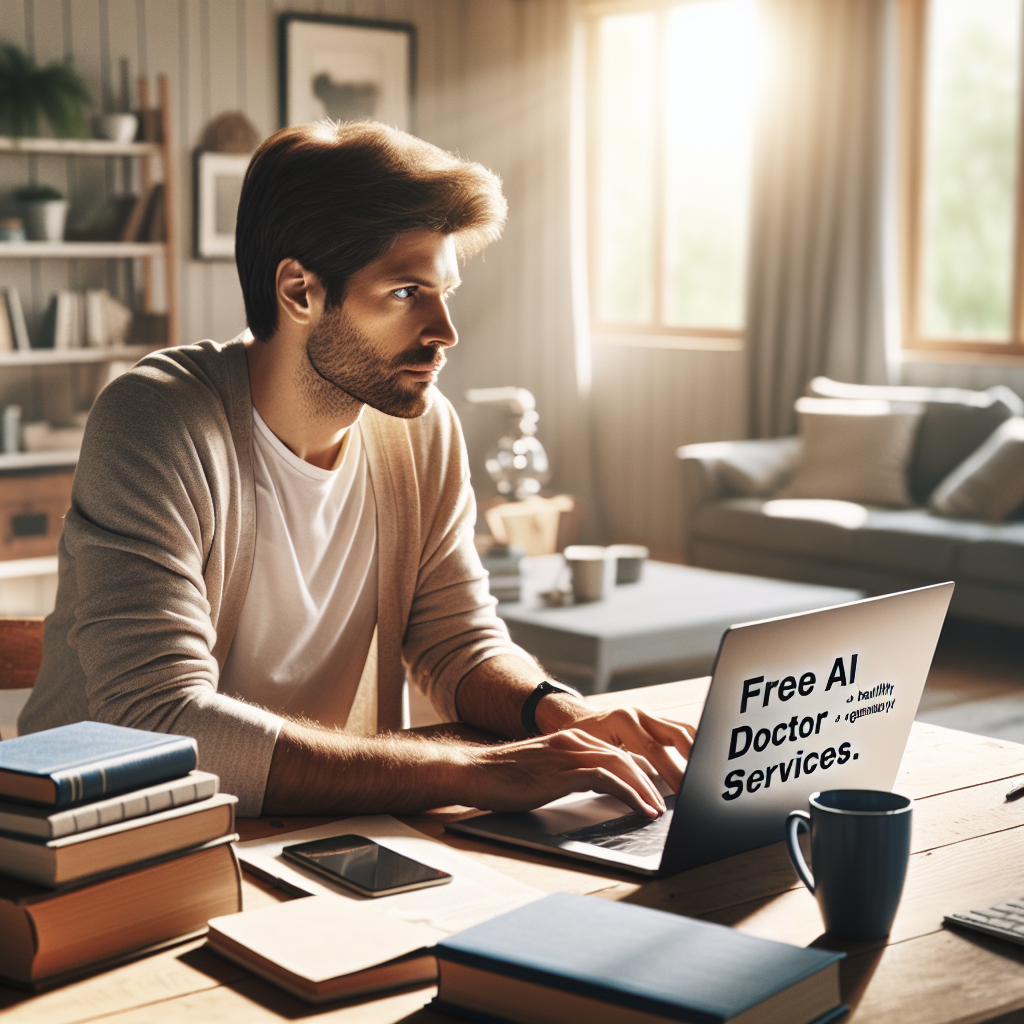 An average American person, casually dressed, sitting at a home office desk using a laptop to explore free AI doctor services, with health-related books and a coffee mug scattered on the desk, a cozy living room in the background with natural light coming through a nearby window, Canon R5, 35mm f/1.8, soft morning light creating a calm and focused atmosphere. A hyper-realistic, lifelike photograph, ultra-detailed, National Geographic quality, cinematic, 8K resolution, realistic colors, natural lighting, no fantasy, no digital art, no political or religious symbolism, average American family or person only, --ar 16:9.