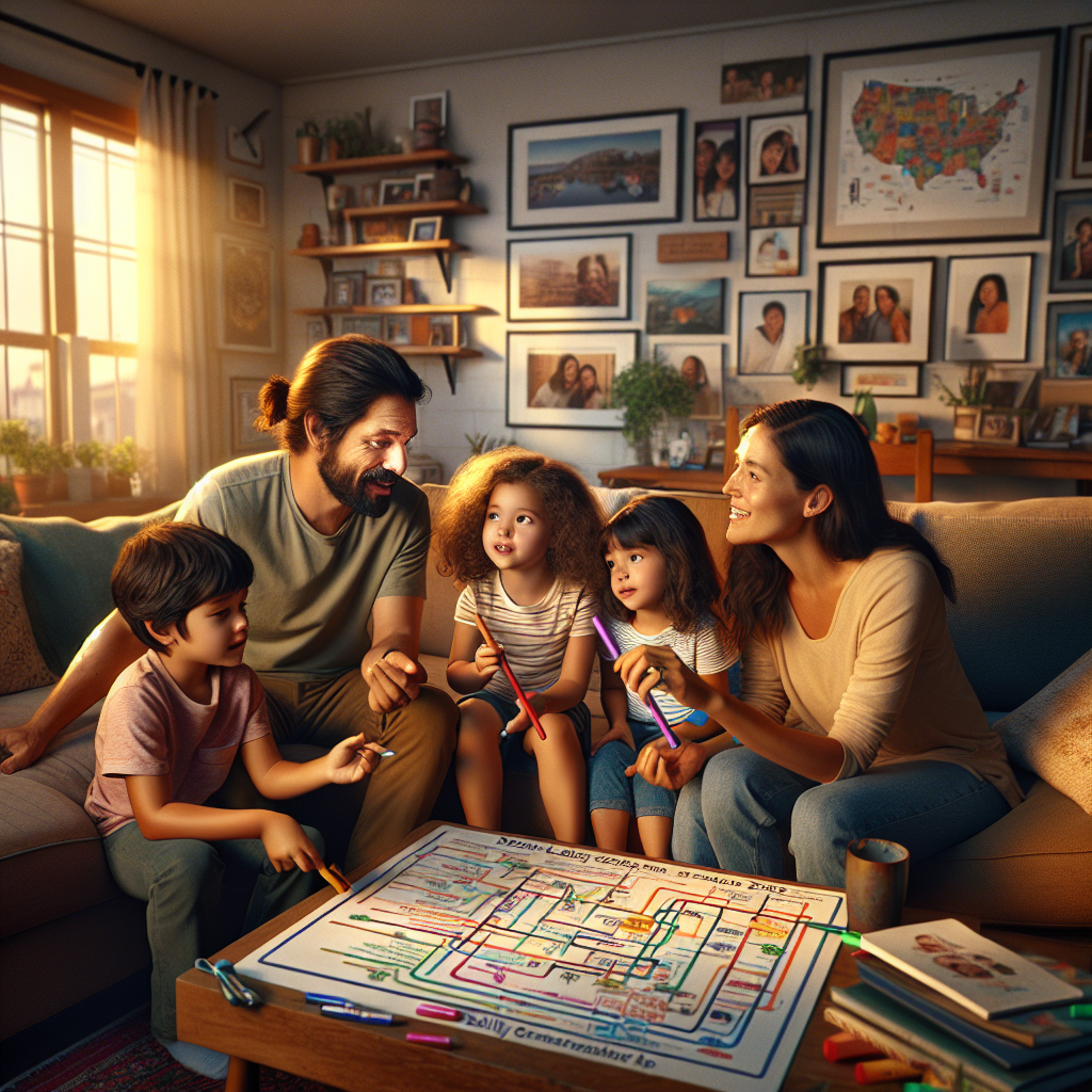 An average American family of four, gathered together in their cozy living room, engaged in a lively discussion while utilizing a large family organizer chart on the wall, colorful markers in hand, personal items like family photos and plants in the background, Canon R5, 35mm f/1.8, warm evening light streaming in from a nearby window, creating a sense of togetherness and connection. A hyper-realistic, lifelike photograph, ultra-detailed, National Geographic quality, cinematic, 8K resolution, realistic colors, natural lighting, no fantasy, no digital art, no political or religious symbolism, average American family or person only, --ar 16:9.