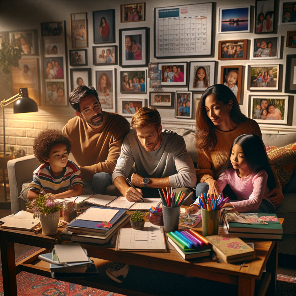 An average American family of four, sitting together in a cozy living room, engaging in a planning session at a coffee table filled with calendars, notebooks, and colorful pens, surrounded by family pictures on the walls, Canon R5, 24mm f/2.8, warm evening light from a lamp creating a friendly, inviting atmosphere. A hyper-realistic, lifelike photograph, ultra-detailed, National Geographic quality, cinematic, 8K resolution, realistic colors, natural lighting, no fantasy, no digital art, no political or religious symbolism, average American family or person only, --ar 16:9.
