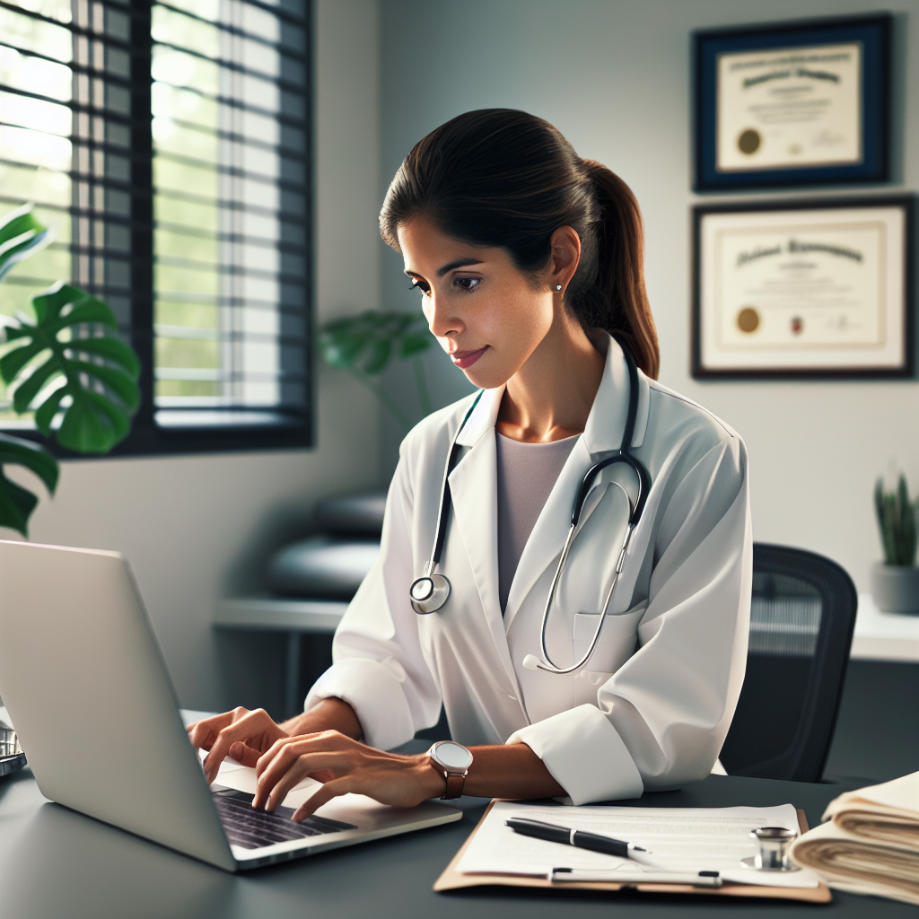 A Texas doctor in a white coat, sitting at a modern office desk, carefully composing an email on a laptop to send medical records securely, with medical charts and a stethoscope nearby, the office decorated with certificates and plants, Canon R5, 85mm f/1.4, soft afternoon light filtering through a window, creating a focused and professional atmosphere. A hyper-realistic, lifelike photograph, ultra-detailed, National Geographic quality, cinematic, 8K resolution, realistic colors, natural lighting, no fantasy, no digital art, no political or religious symbolism, average American family or person only, --ar 16:9.