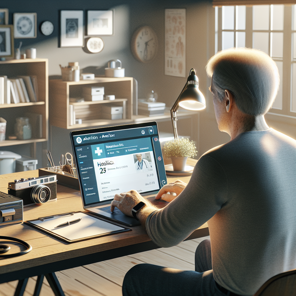 An average American individual in casual attire, sitting at a desk with a laptop open, using a medical app to send health records via email, a tidy home office environment with a few personal items in the background, Canon R5, 35mm f/1.8, soft morning light from a nearby window, creating an atmosphere of efficiency and focus. A hyper-realistic, lifelike photograph, ultra-detailed, National Geographic quality, cinematic, 8K resolution, realistic colors, natural lighting, no fantasy, no digital art, no political or religious symbolism, average American family or person only, --ar 16:9.