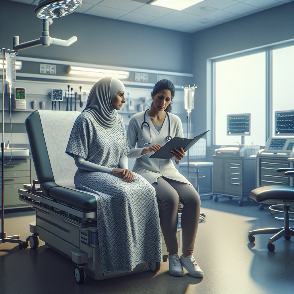 An average American patient, wearing a hospital gown, sitting on an examination bed in an in-patient clinic, discussing treatment options with a nurse while looking at medical charts, a clean, well-lit clinical room with medical equipment in the background, Canon R5, 35mm f/1.8, soft, diffused lighting creating a calm and reassuring atmosphere, focused on enhancing the healthcare experience. A hyper-realistic, lifelike photograph, ultra-detailed, National Geographic quality, cinematic, 8K resolution, realistic colors, natural lighting, no fantasy, no digital art, no political or religious symbolism, average American family or person only, --ar 16:9.