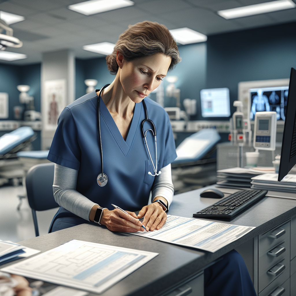 An average American healthcare professional in scrubs, attentively reviewing a patient's chart while seated at a workstation in an in-patient clinic, surrounded by medical equipment and consultation rooms, Canon R5, 35mm f/1.8, bright indoor lighting for a clean and professional atmosphere, emphasizing a focused, dedicated environment. A hyper-realistic, lifelike photograph, ultra-detailed, National Geographic quality, cinematic, 8K resolution, realistic colors, natural lighting, no fantasy, no digital art, no political or religious symbolism, average American family or person only, --ar 16:9.