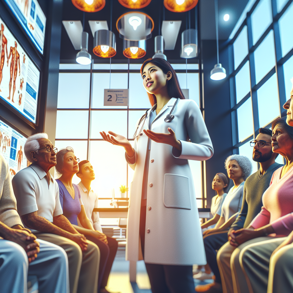 A healthcare professional in a white coat, explaining the differences between in-patient clinics and outpatient services to a group of attentive patients in a brightly lit consultation room, filled with medical charts and informational brochures, Canon R5, 35mm f/1.4, bright overhead lighting, creating an informative and engaging atmosphere. A hyper-realistic, lifelike photograph, ultra-detailed, National Geographic quality, cinematic, 8K resolution, realistic colors, natural lighting, no fantasy, no digital art, no political or religious symbolism, average American family or person only, --ar 16:9.
