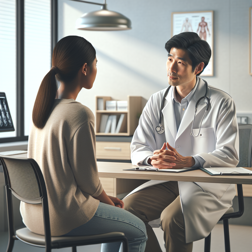 A healthcare professional in a lab coat, discussing treatment options with a patient seated across from them in a consultation room, clinical charts and a computer screen in the background, Nikon Z9, 35mm f/1.8, soft overhead lighting creating a professional yet inviting atmosphere, capturing an informative moment in a healthcare setting. A hyper-realistic, lifelike photograph, ultra-detailed, National Geographic quality, cinematic, 8K resolution, realistic colors, natural lighting, no fantasy, no digital art, no political or religious symbolism, average American family or person only, --ar 16:9.
