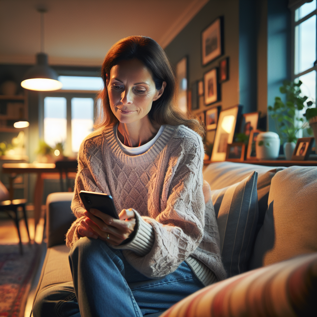 An average American woman in her 40s, wearing a cozy sweater and jeans, seated on a couch in a warmly lit living room, exploring a health app on her smartphone while sharing her experience with cancer, framed by family photos and potted plants in the background, Canon R5, 35mm f/1.8, soft evening light creating a comforting atmosphere, reflecting resilience and hope. A hyper-realistic, lifelike photograph, ultra-detailed, National Geographic quality, cinematic, 8K resolution, realistic colors, natural lighting, no fantasy, no digital art, no political or religious symbolism, average American family or person only, --ar 16:9.