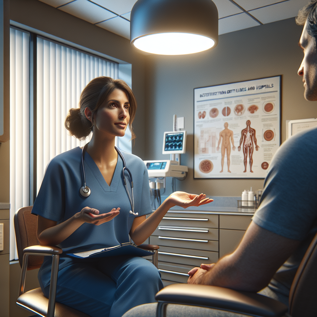 A healthcare professional in scrubs, explaining the differences between clinics and hospitals to a patient seated in a consultation room, modern medical equipment and charts on the walls, soft overhead lighting creating a calm, informative atmosphere, capturing a professional and educational moment. A hyper-realistic, lifelike photograph, ultra-detailed, National Geographic quality, cinematic, 8K resolution, realistic colors, natural lighting, no fantasy, no digital art, no political or religious symbolism, average American family or person only, --ar 16:9.