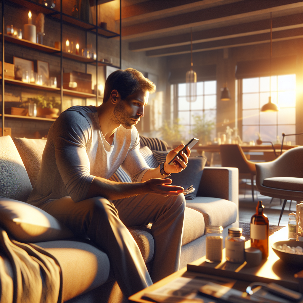 An average American individual, casually dressed, using a smartphone to explore a healthcare app, seated comfortably on a couch in a modern living room with soft furnishings, warm lighting creating a cozy atmosphere, Canon R5, 35mm f/1.8, golden hour light streaming through a nearby window, evoking a sense of motivation and empowerment for personal health management. A hyper-realistic, lifelike photograph, ultra-detailed, National Geographic quality, cinematic, 8K resolution, realistic colors, natural lighting, no fantasy, no digital art, no political or religious symbolism, average American family or person only, --ar 16:9.